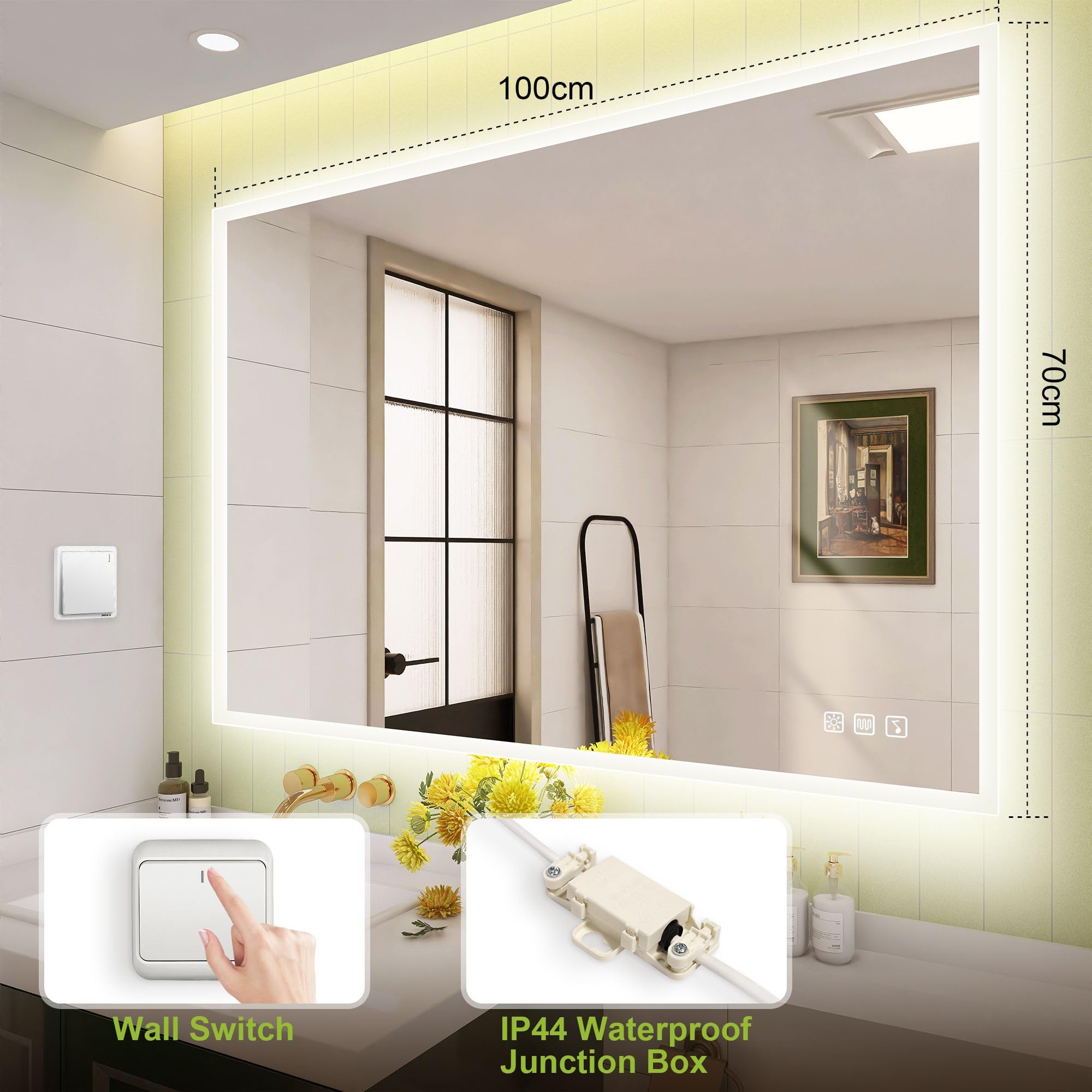 STARLEAD 100x70 cm lustro z oświetleniem LED i Bluetooth, przeciwmgielne, lustro LED z możliwością przyciemniania, 3 kolory światła, pamięć, IP44, szkło hartowane, poziome/pionowe