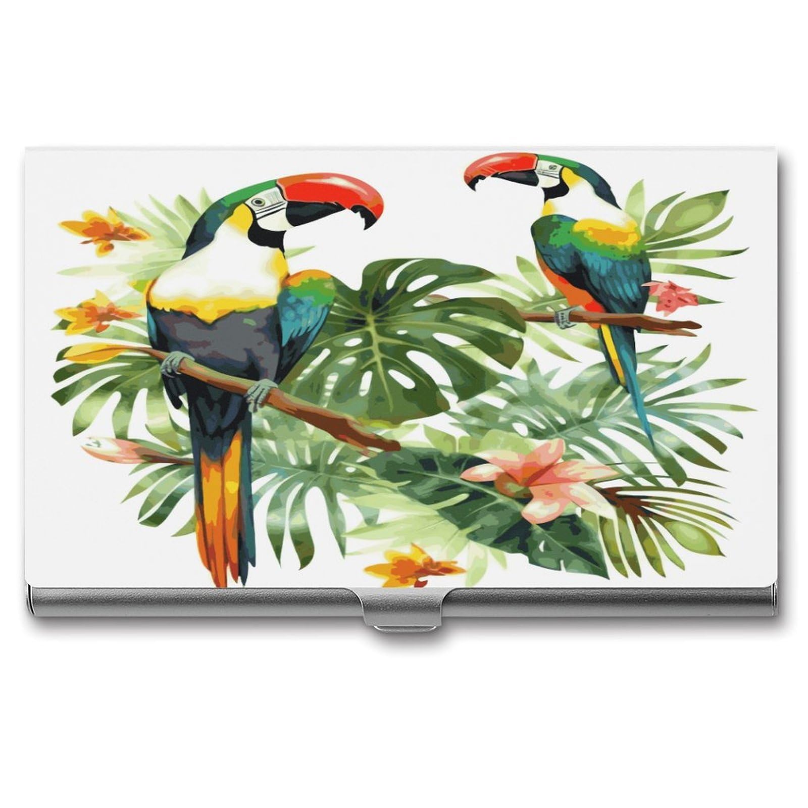 LDGSUPH Toucans Parrot Palm Tree Leaves Business Card Holder Fashion Slim Name Card Holder Minimalist Design Case Metal Card Carrier Personalized Business Card Case with Flip for Men Women