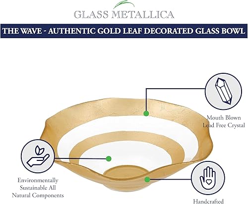 Miniatura 2 de Badash - Cuenco redondo de vidrio ondulado de hoja dorada decorado a mano de 8 pulgadas