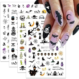 4 Sheets Halloween Nail Art Stickers Decals Skull Ghost Cat Pumpkin Nail Stickers 3D Self-Adhesive Skeleton Spider Web Witch Magic Hat Joker Nail Decals for Halloween Party Nails Decorations