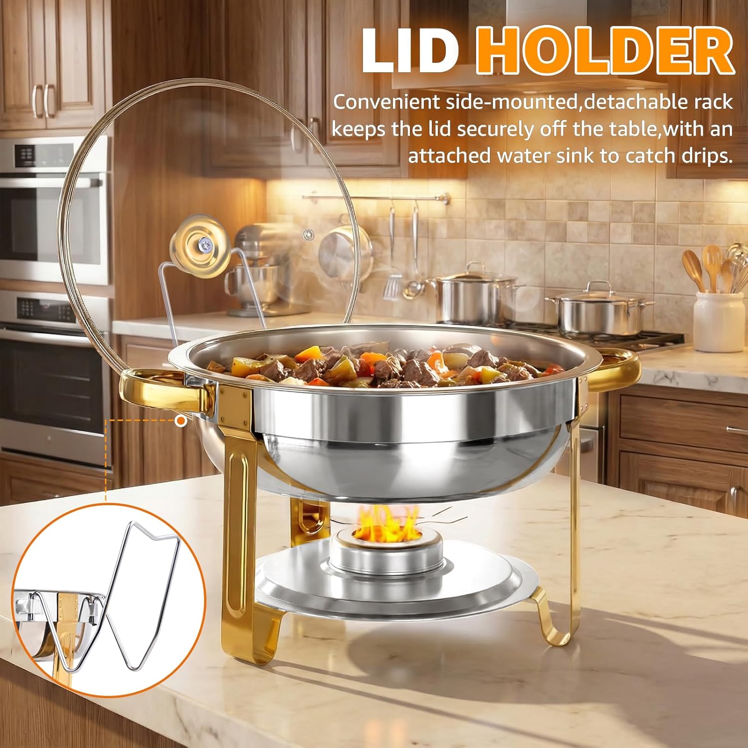 Chafing Dishes for Buffet，2PACK 4.5QT Round Chafing Dishes for Buffet, Gold and Silver Stainless Steel Chafing Dish Buffet Set with Glass Lid and Lid Holder for Home Parties, Gatherings,Wedding