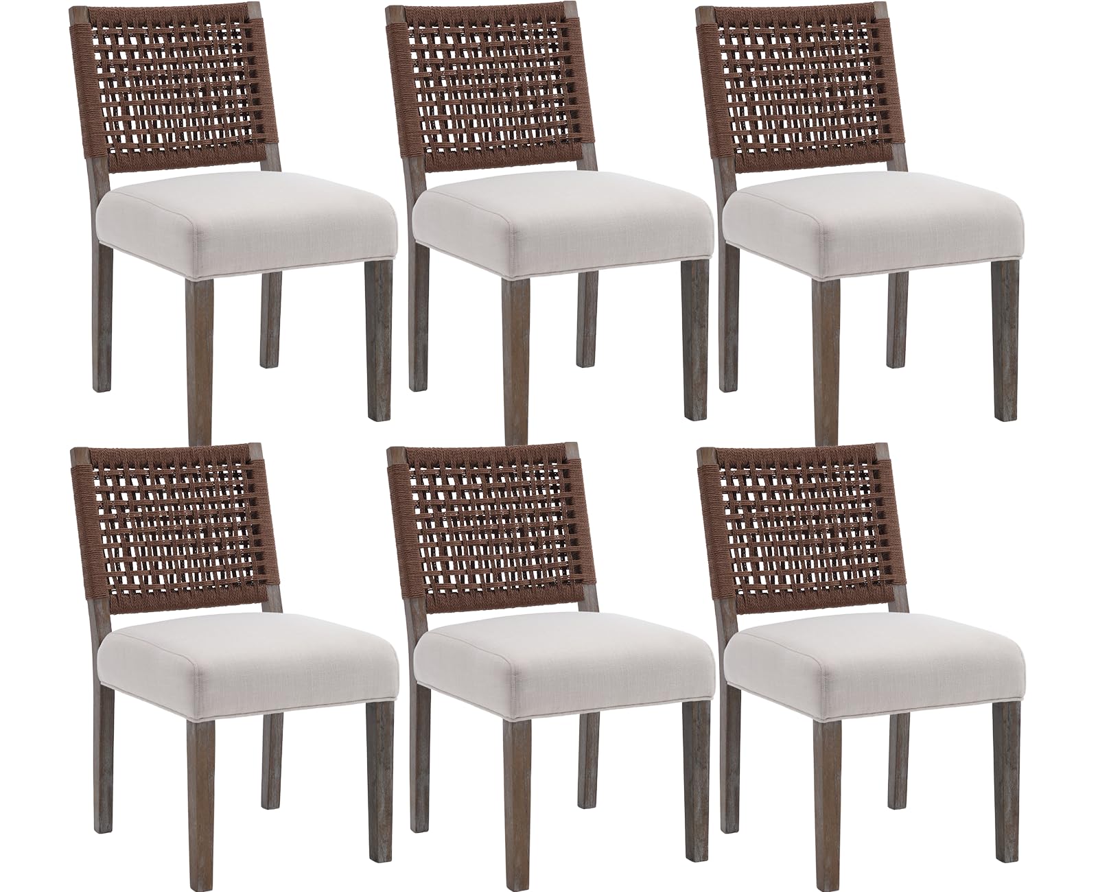 Kmax Farmhouse Dining Chairs Set of 6, Rustic Kitchen Chairs with Linen Fabric Seat and Woven Back, Vintage Accent Chairs for Dining Room, Living Room