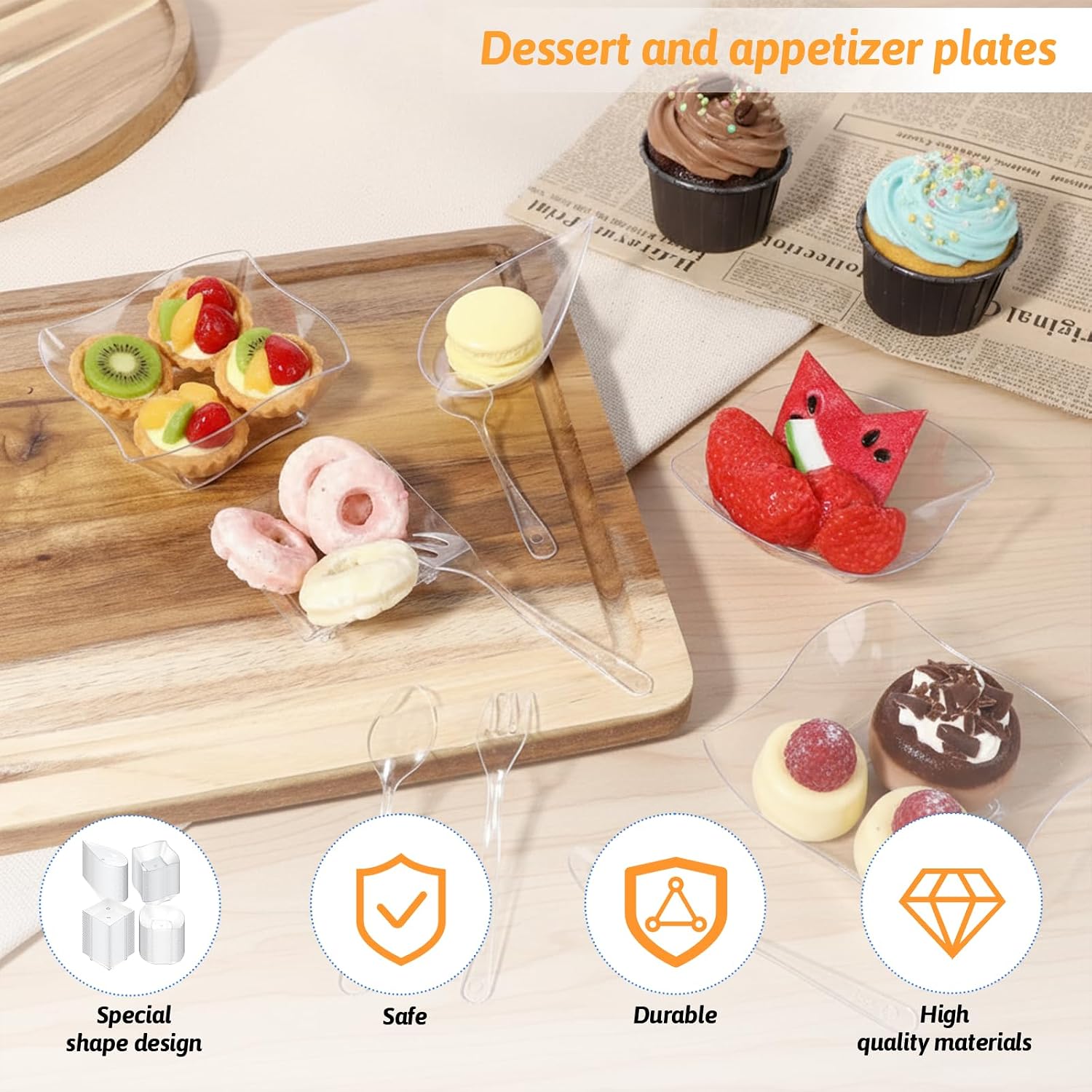 200 Pcs Mini Appetizer Plates with Spoons and Forks, Disposable Mini Dessert Plates Assorted Shape Appetizer Serving Dishes Disposable Dessert Cups Spoons Forks Set for Party Birthday Wedding