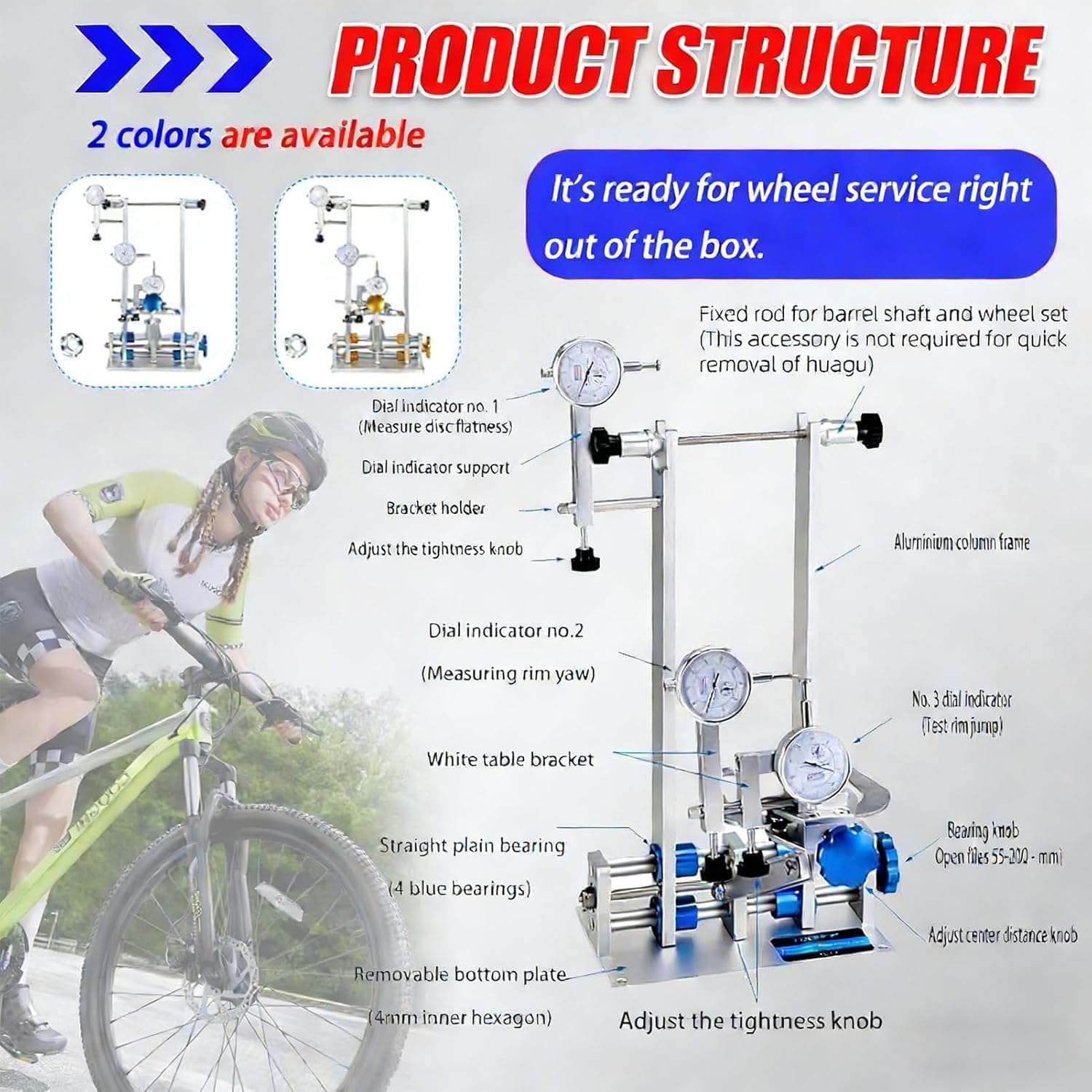 Soporte de rueda para mantenimiento de bicicleta, con soporte de rodamiento y llave de radios, ajustable para cubos de 55 a 200 mm, herramienta de alineación de llantas