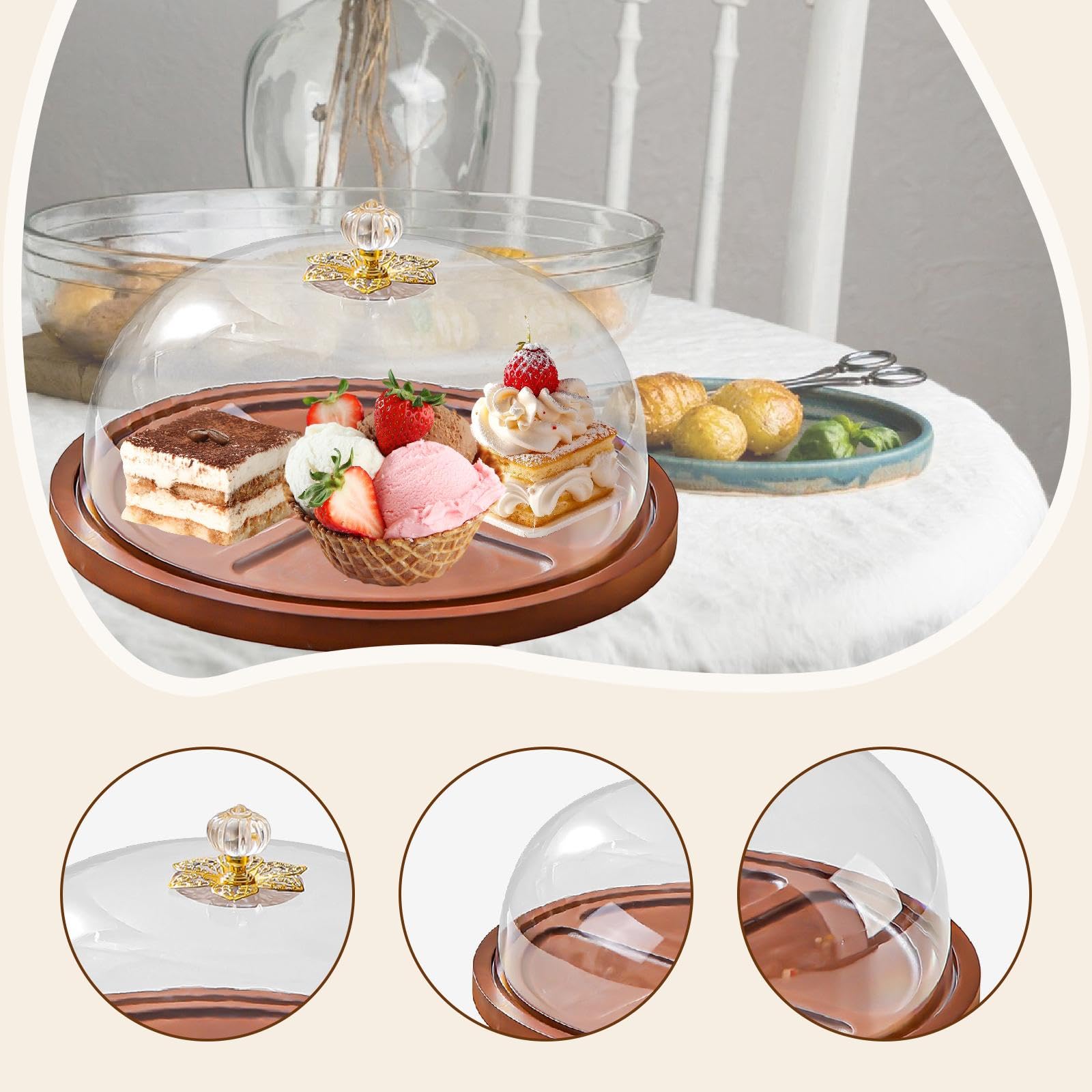 Présentoir à gâteaux avec couvercle, plateau de service, assiette de rangement, porte-cupcakes pour fêtes, festivals, mariages et fruits, Rond 27x15cm