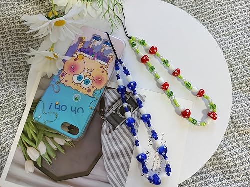 Miniatura 5 de 1-2 piezas de cordón con cuentas de hongos rojosverdes para teléfono, accesorios estéticos, correa de muñeca dulce, cadena antipérdida para mujeres
