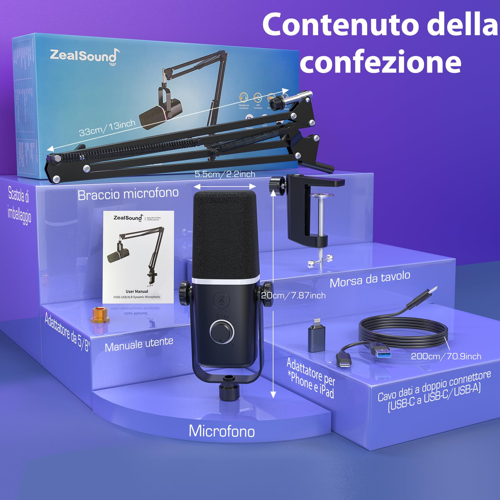 ZealSound Microfono dinamico XLR/USB, microfono per *Phone, Set di microfoni per Telefono PC, microfono con luce RGB, mute, jack per cuffie, supporto con braccio, ASMR/YouTube/Podcast/Streaming/Gaming