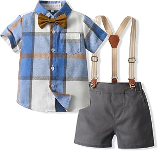 Boys Plaid Shirt Suspender Shorts Set Formal Outfit with Bow Tie