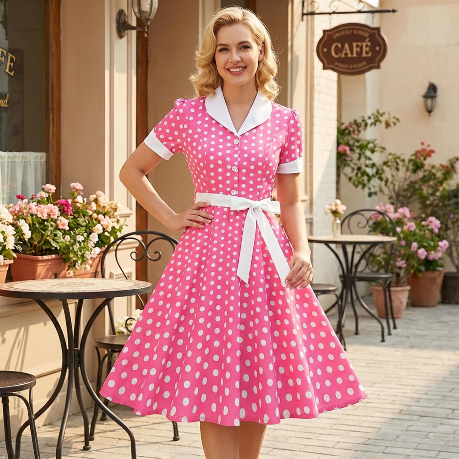 Women's 1950s Vintage Polka Dot Dress - Peter Pan Collar Puff Sleeve Swing Dress with Belt for Party Wedding
