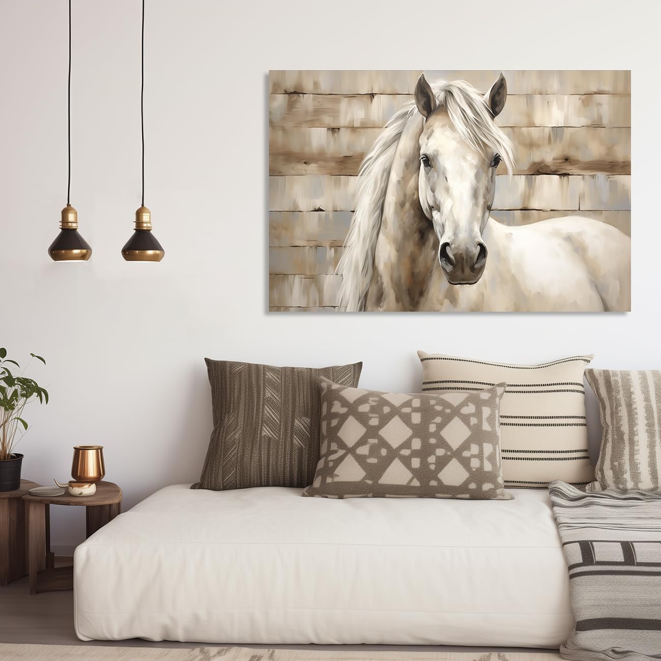 ZQQART White Horse Canvas Prints Wall Art Vintage White Horse Painting Wooden Background Poster Wild Animal Artwork for Home Decor (B,24" L x 16" W)
