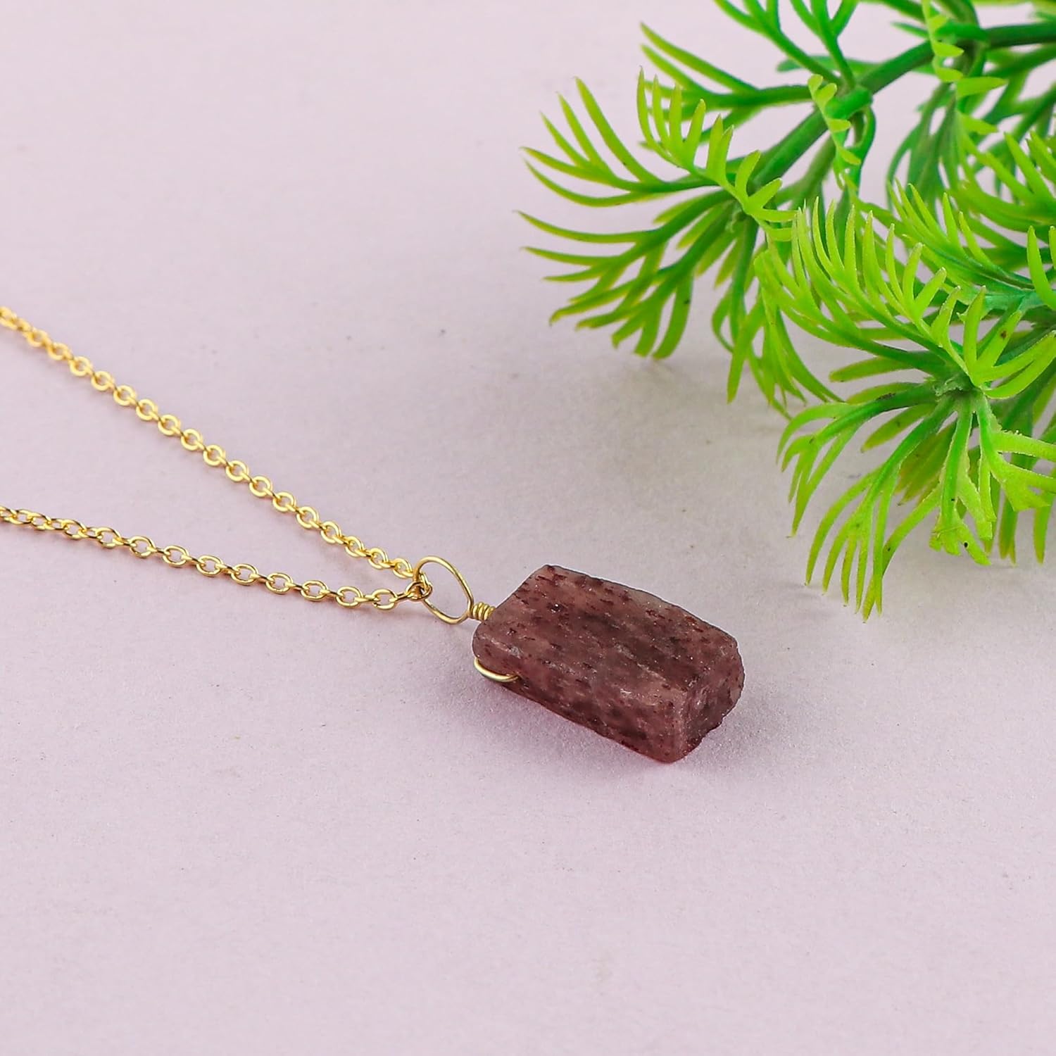 Natural Raw Strawberry Quartz Gemstone Necklace, Rough Stone Dainty Pendant, Handmade Boho Jewelry, Wicca & Reiki Healing Crystals, Gold Plated Chain, Christmas Gift for Her, 18 Inch - Image 2