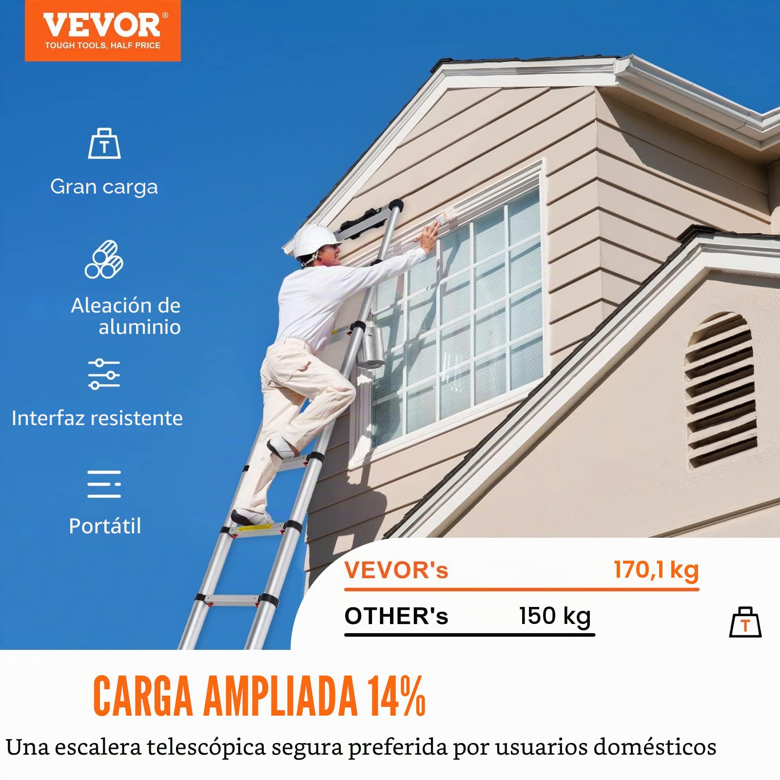 VEVOR Escalera Telescópica de Aluminio Altura de 380cm Escalera de Extensión Plegable Portátil Capacidad de 170kg con Pies Antideslizantes 1 Botón de Retracción para Reparaciones de Hogar Autocaravana
