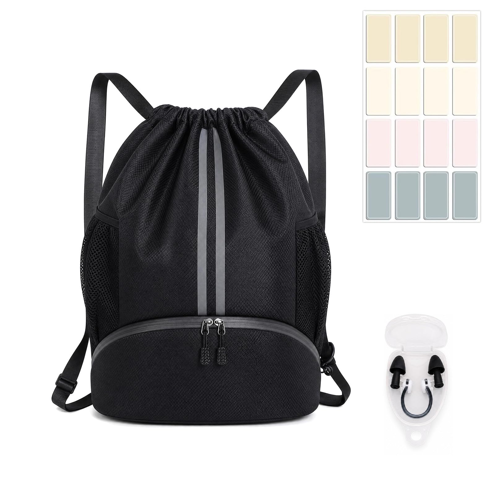 3Pcs Swim Bag Drawstring Backpack Set, Waterproof Sports Rucksack Black