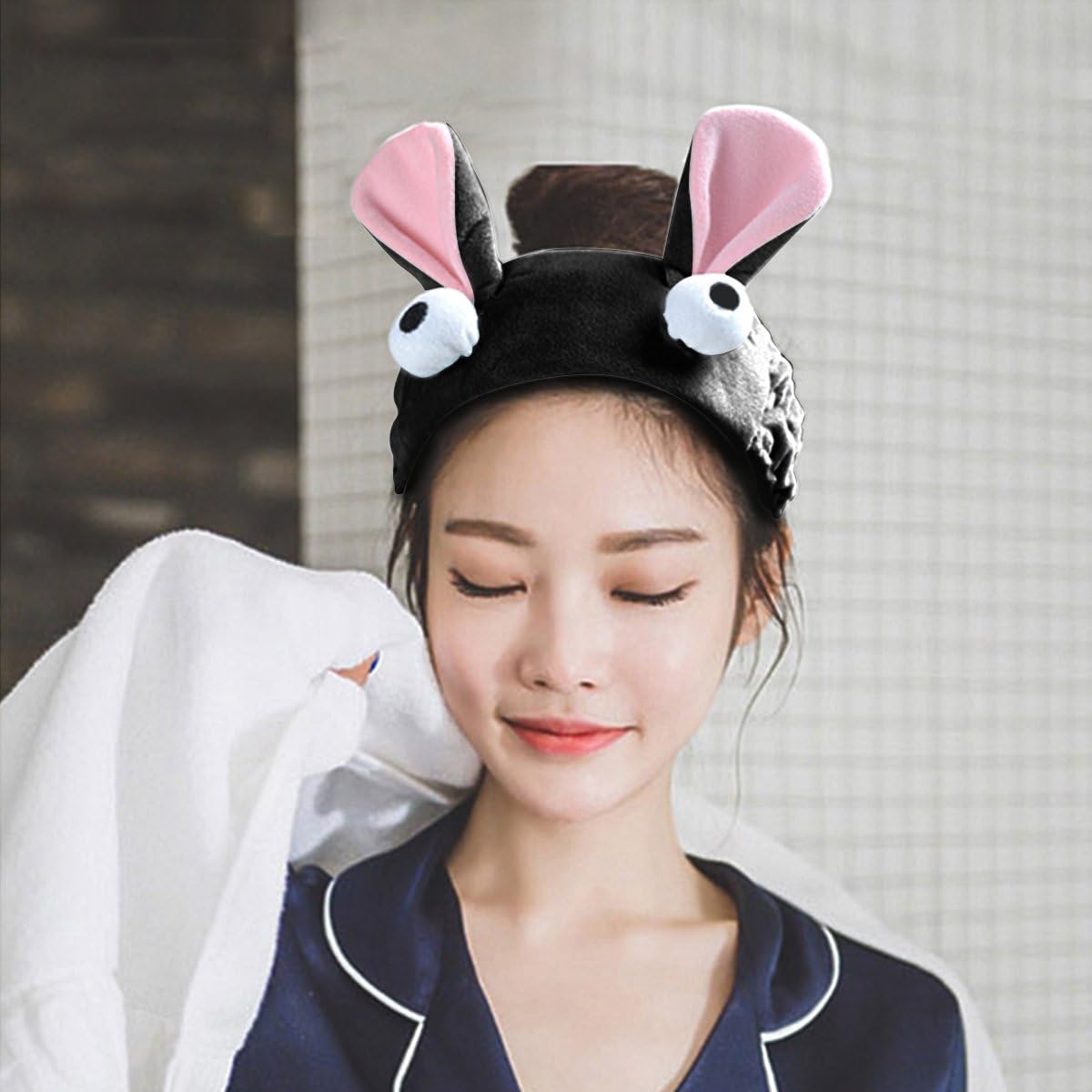 VANZAVANZU Women's Bunny Ear Headband Best Fashionable Cute Fluffy Elastic Makeup Headband Hairband for Shower, Face Washing, Facial Mask, Spa, Cosplay, Party (Bunny Headband Black)