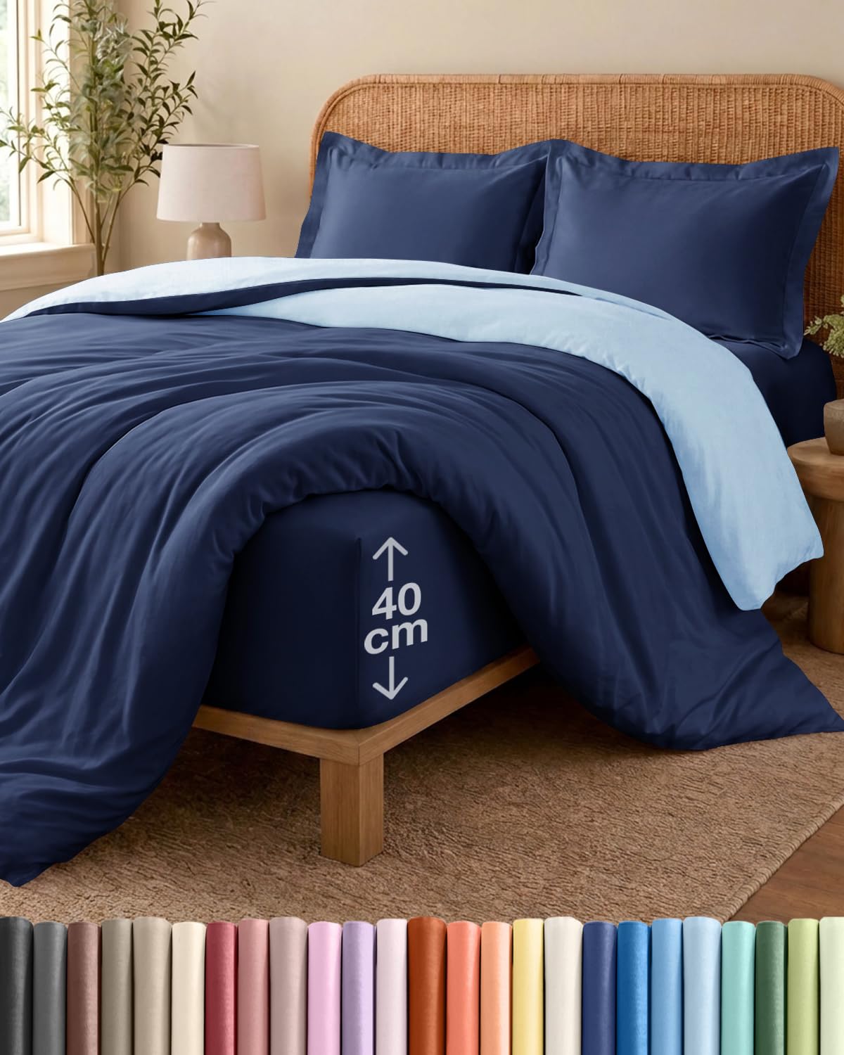 4 Piece King Size Navy / Light Blue Duvet Cover Set - Duvet Cover & Fitted Sheet, 2 Pillowcases - 230x220cm + 150x200cm 40cm / 16" - Microfibre - Wrinkle & Fade Resistant - OEKO-TEX Certified