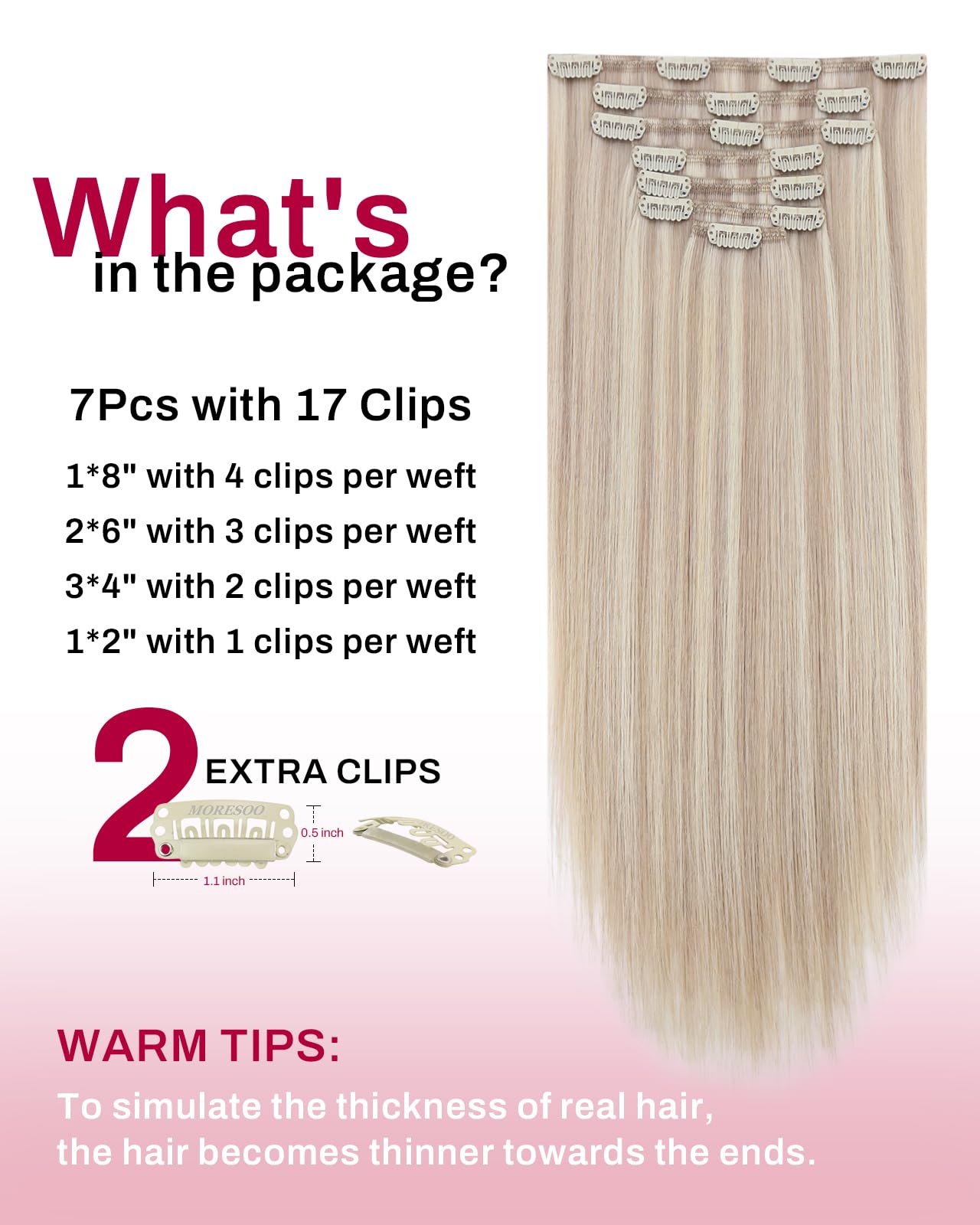 Moresoo Clip in Hair Extensions Real Human Hair Balayage Medium Brown and Blonde Real Hair Extensions Clip in Human Hair for Women Full Head 22 Inch 7pcs/120g #4/6/613 — view 12
