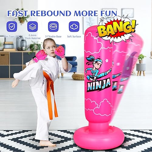 Miniatura 3 de Juego de saco de boxeo 4 en 1 para niños más grandes, bolsa de boxeo inflable Ninja de 66 pulgadas con guantes y bomba de aire, regalos para niños y