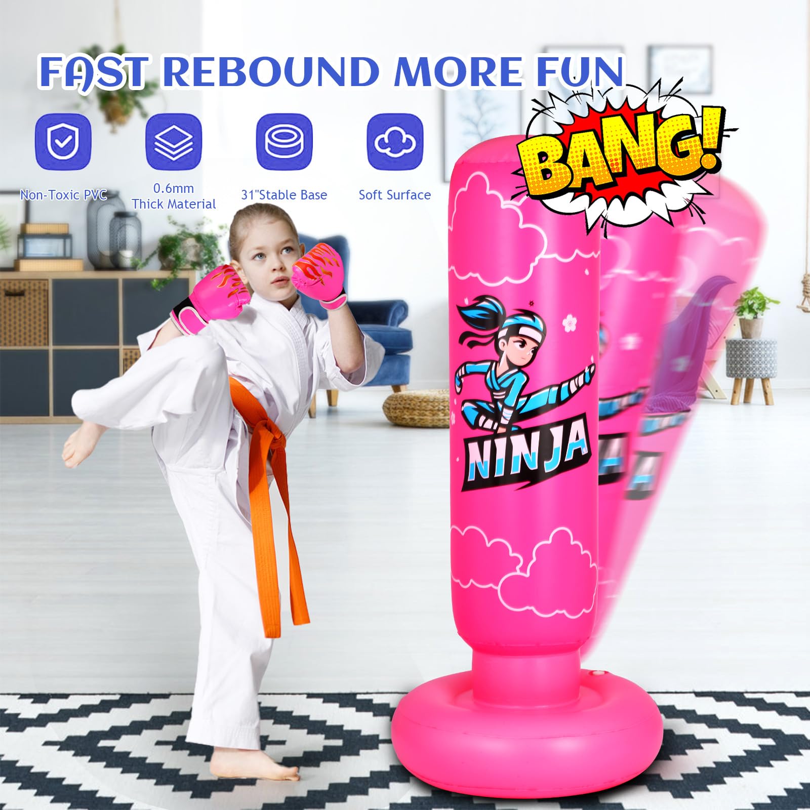 Icelus Saco de Boxeo para niños con Guantes de Boxeo y Bomba Hinchable, Juego de Saco de Boxeo Inflable para niños de 168cm más Grande y Resistente, Regalos para niños y niñas de 5 a 12 años