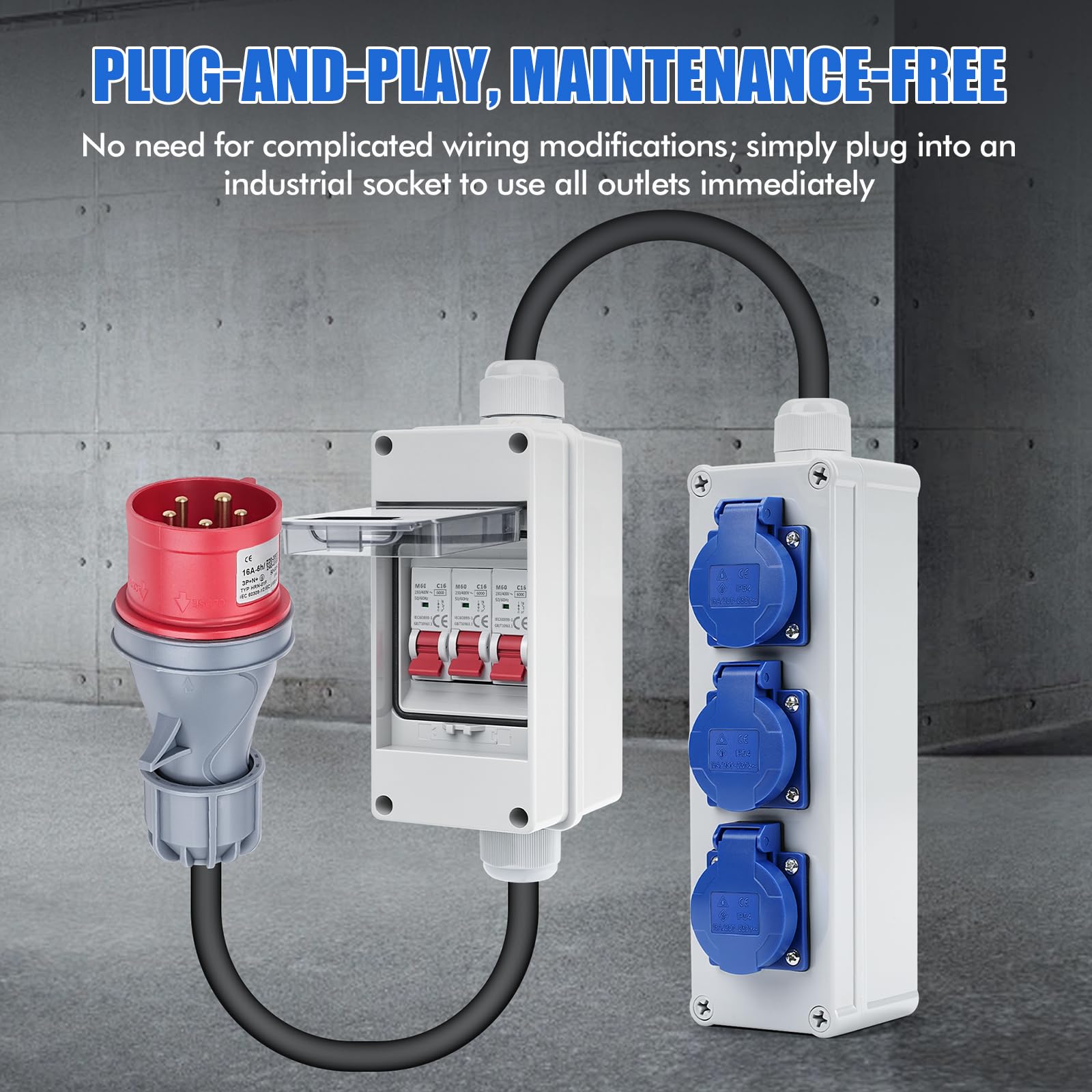 Distribuidor de Corriente de Pared con Disyuntores 16A Cuadro Electrico | 5 pines 400V Enchufe industrial a 3 tomas Schuko de 230V con 3 Disyuntores Independientes de 16A Impermeable IP44