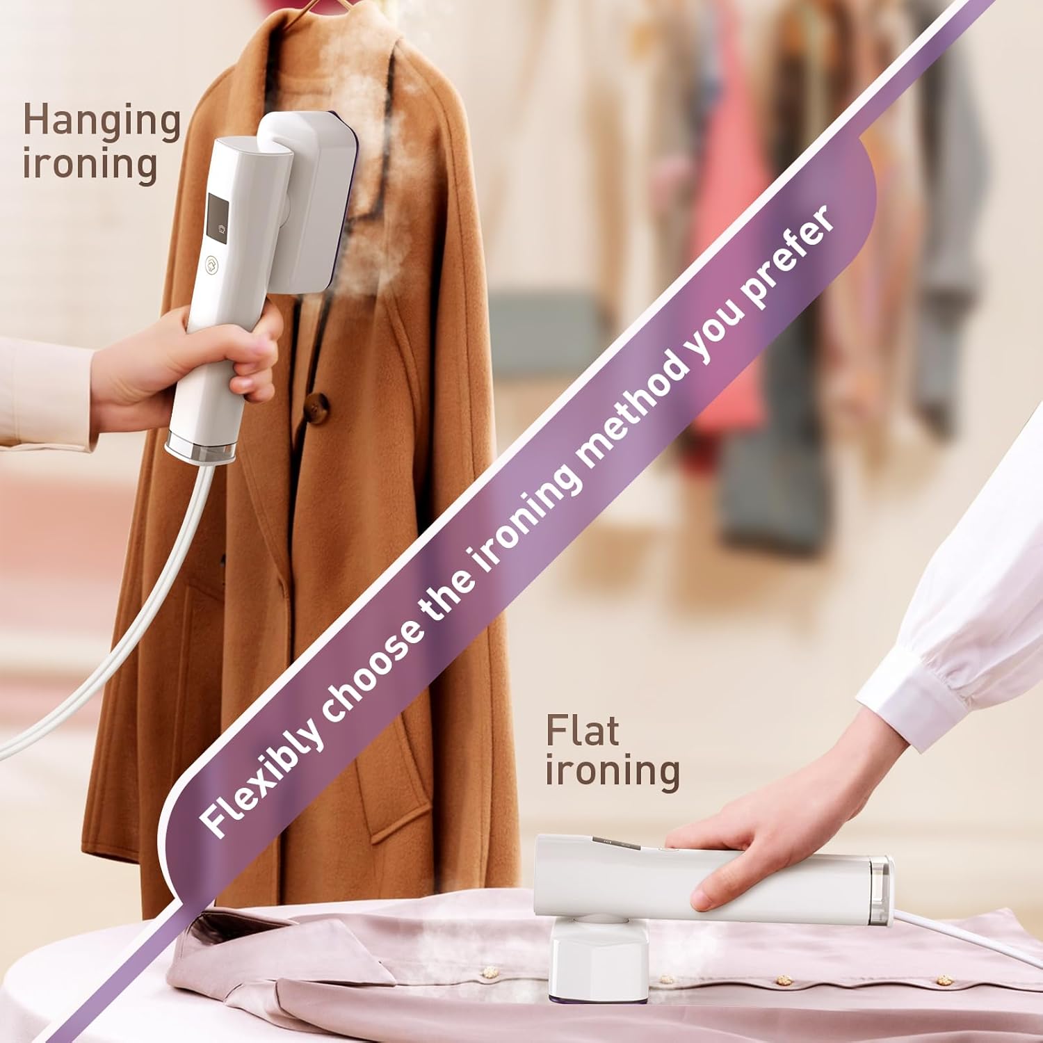 Portable Clothes Steamer, 1300W, 1.54 lbs Light, 3 Steam Levels, 20 Min Continuous Steam, Powerful Wrinkle Removal for Travel, Office, Home (110-120V)