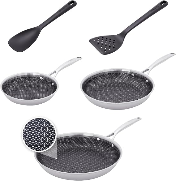 HENCKELS Paradigm 5-pc Cookware Set, Nonstick Frying Pan and Silicone Utensil Set, 3-Ply Stainless Steel Skillets for Induction Cooktop, Gas & Electric Stovetops Dishwasher Safe & Oven Safe