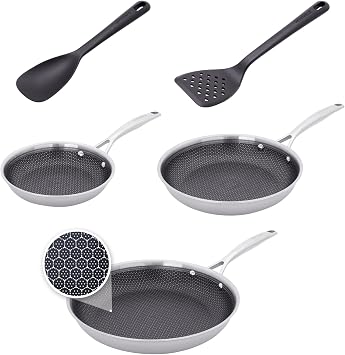 HENCKELS Paradigm 5-pc Cookware Set, Nonstick Frying Pan and Silicone Utensil Set, 3-Ply Stainless Steel Skillets for Induction Cooktop, Gas & Electric Stovetops Dishwasher Safe & Oven Safe