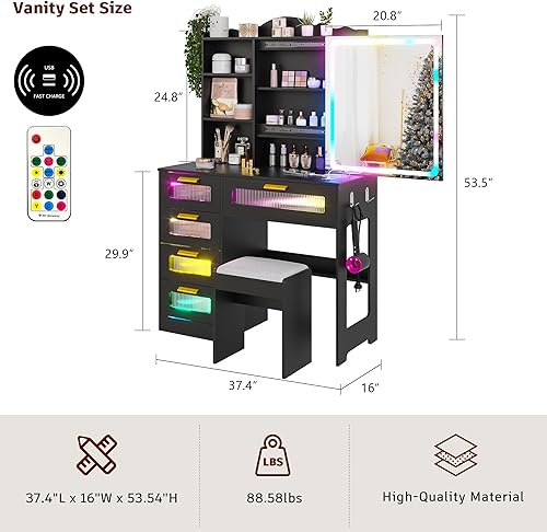 Miniatura 6 de Escritorio de tocador LED RGB con espejo y luces, escritorio de maquillaje con estación de carga 3 en 1, juego de tocador con taburetes y espejo