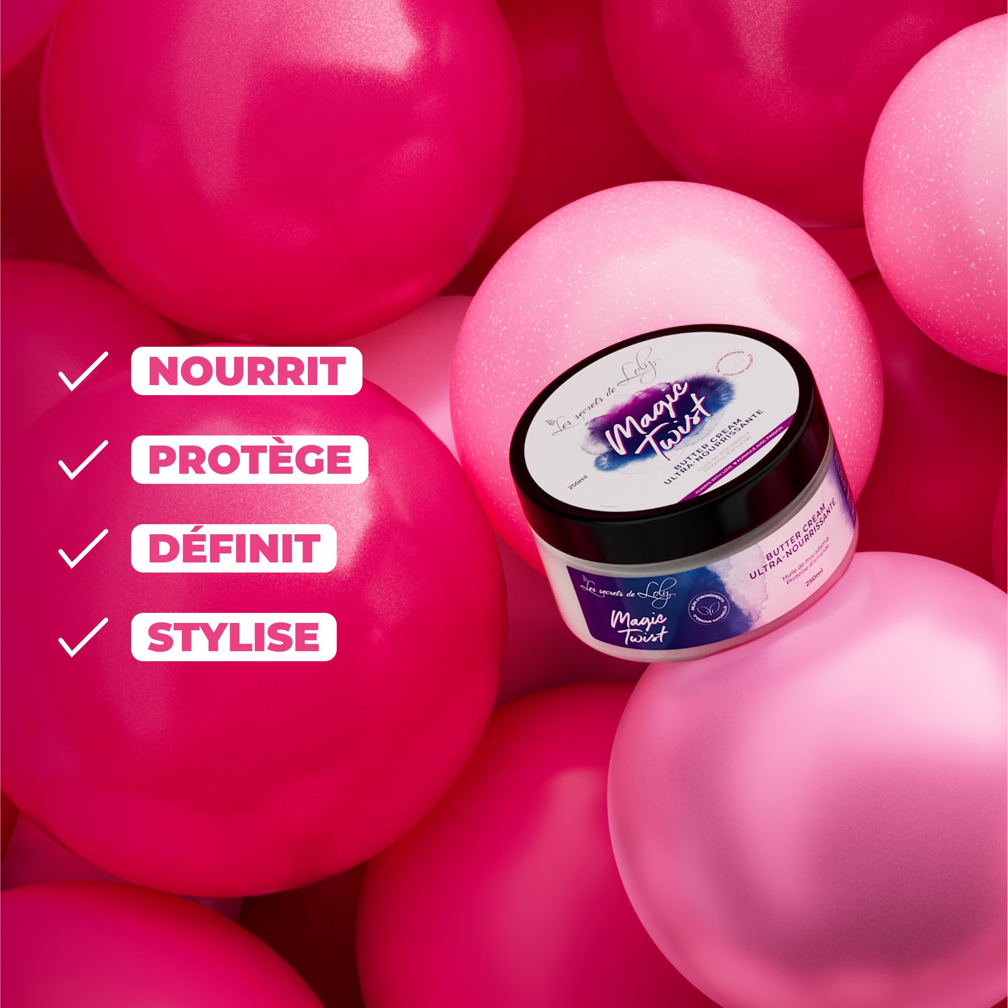 Les Secrets de Loly – Magic Twist – Crème coiffante sans rinçage Ultra nourrissante – Cheveux très secs, bouclés, frisés et crépus – Beurre cream – 250 ml