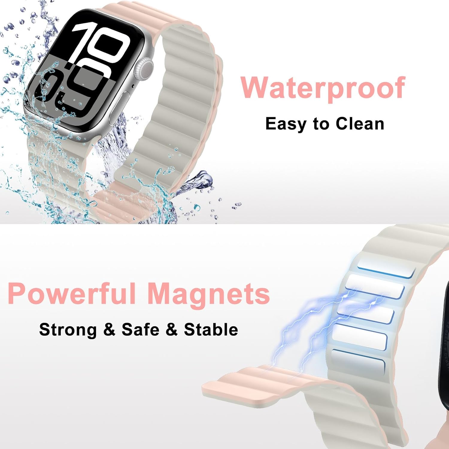 HITZEE Double Sided Reversible Magnetic Band Compatible with Apple Watch Band 42(S10)/41/40/38mm, Soft Silicone Magnetic Band for iWatch SE3-1 Series 11 10 9 8 7 SE 6-1, Pink/Starlight - Image 3