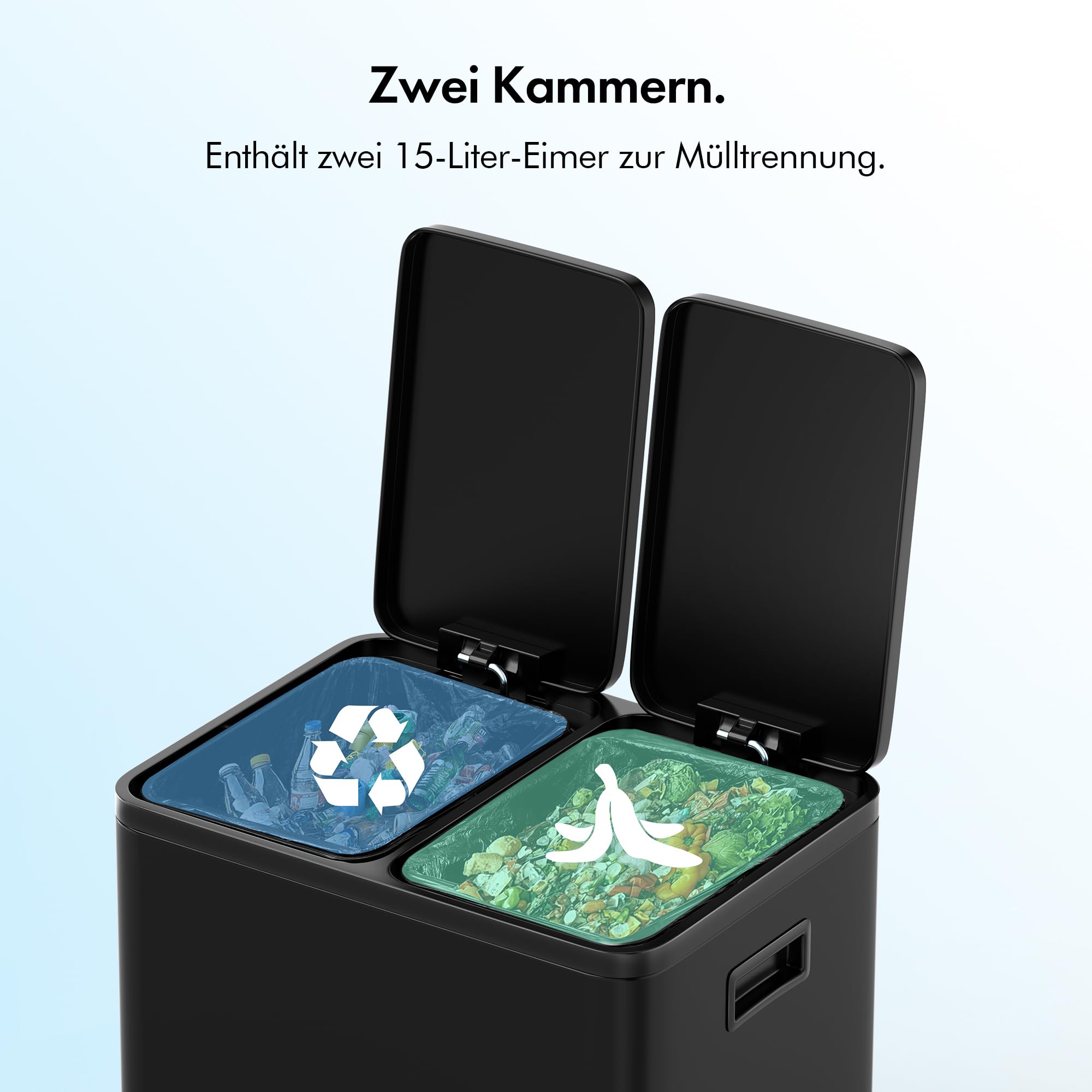 VonHaus Mülleimer 30L, Mattschwarz, Küchenmülleimer 2 Fächer, Doppelmülleimer 2 x 15L, Mülltrennsystem, Rutschfester Standfuß, Herausnehmbare Inneneimer, Luftdichter Abfalleimer