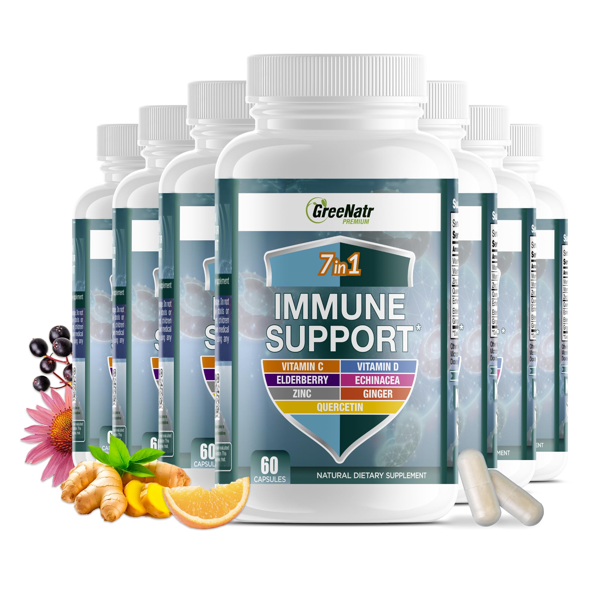 GreeNatr 7 in 1 Immune Support Supplement with Vitamin C Vitamin D3 Zinc 50mg Quercetin Echinacea Purpurea Sambucus