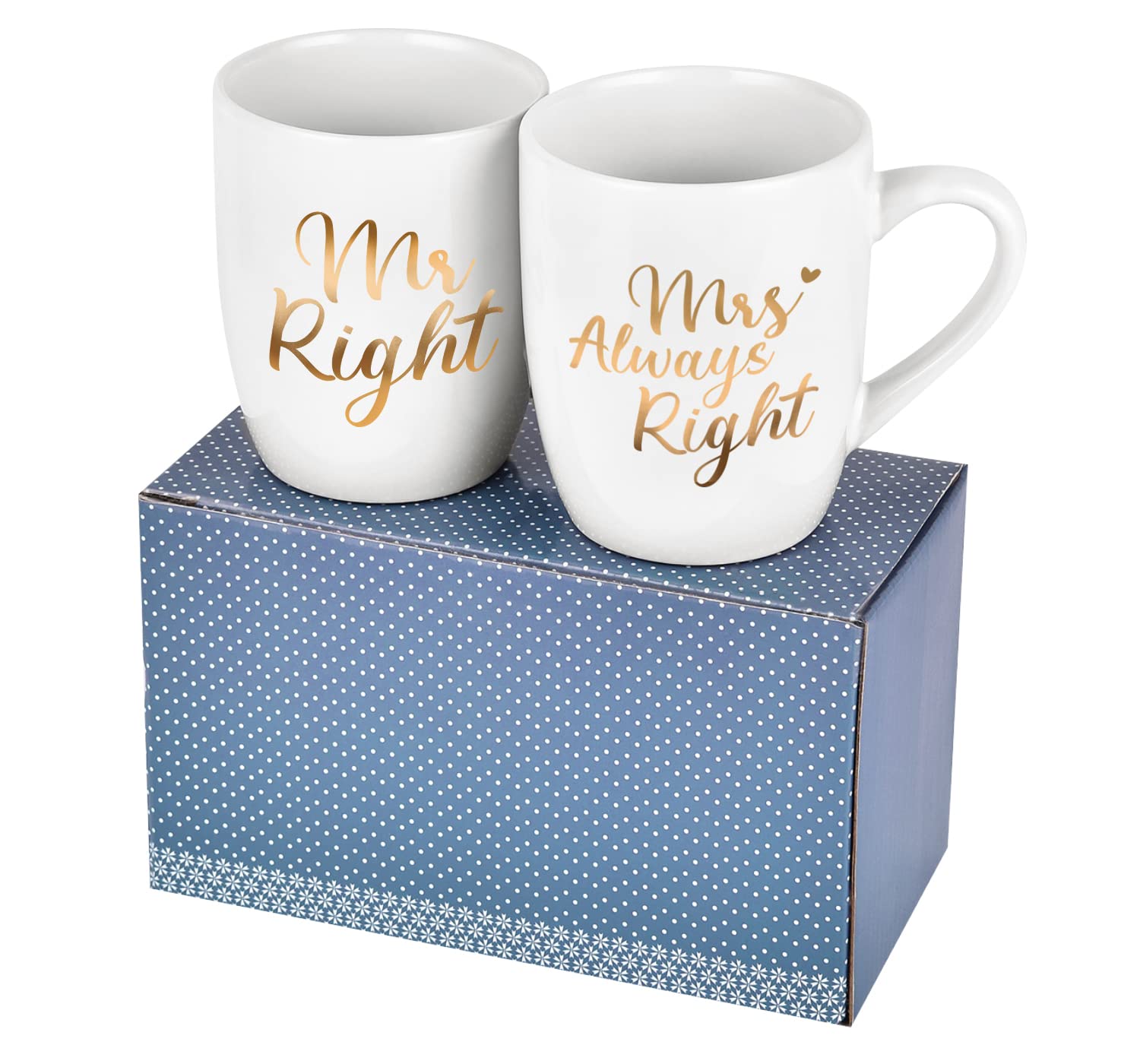 Mr Right und Mrs Always Right - Set di 2 tazze da caffè per sposi, regalo per matrimonio, San Valentino, Natale, anniversario, compleanno, 320 ml