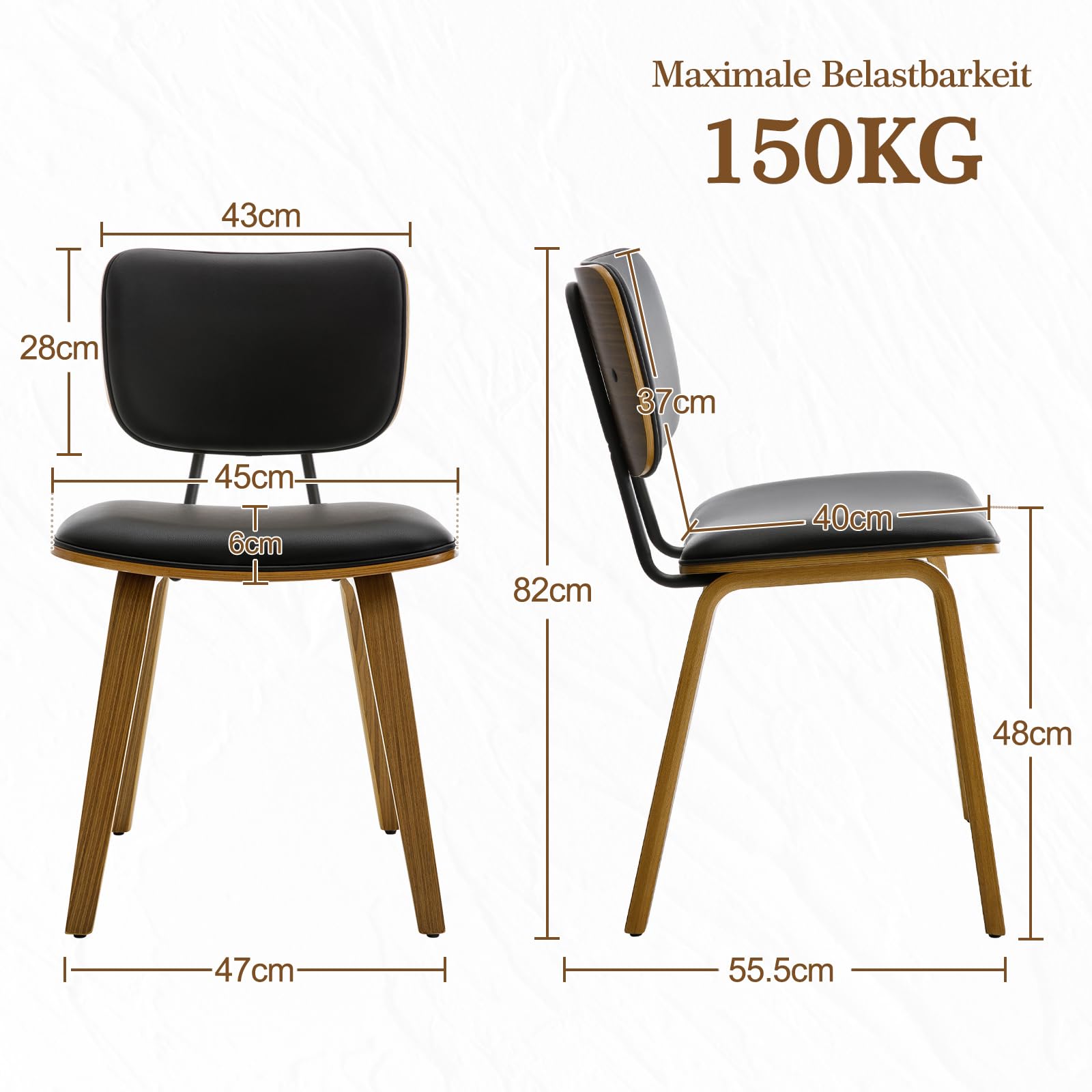Esszimmerstühle 2er Set aus Bugholz, Gepolstert mit Kunstleder, 48 cm Sitzhöhe, Geschwungene Rückenlehne & Formholz Beine, Bequem & Stabil bis 150 kg Skandinavisches Design für Esszimmer Küche Schwarz