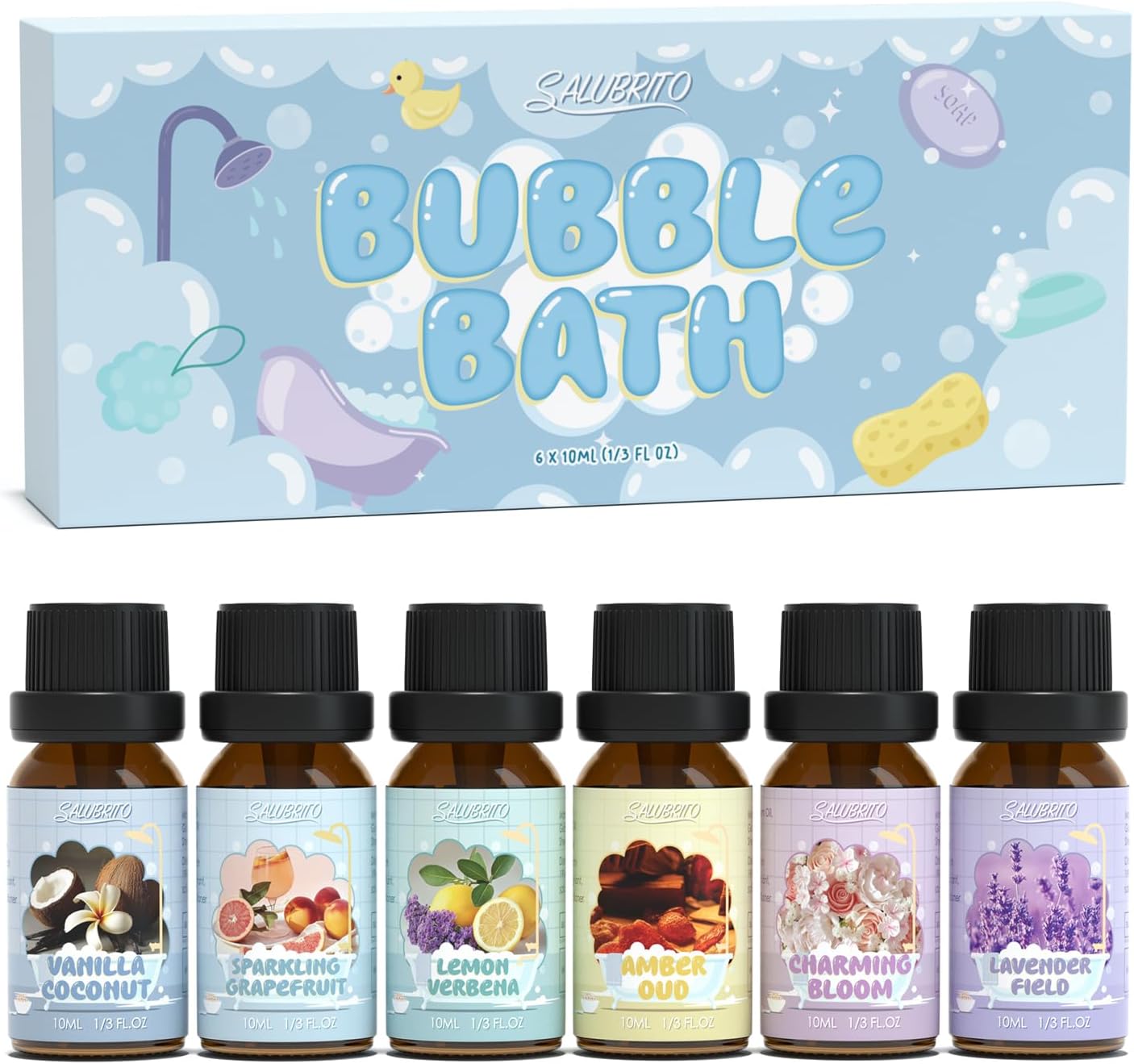 SALUBRITO Bath Fragrance Oils, Premium Essential Oil Set for Diffuser, Soap, Candle Making Scents, Vanilla & Coconut, Sparkling Grapefruit, Lemon Verbena, Amber Oud, Charming Bloom, Lavender Field
