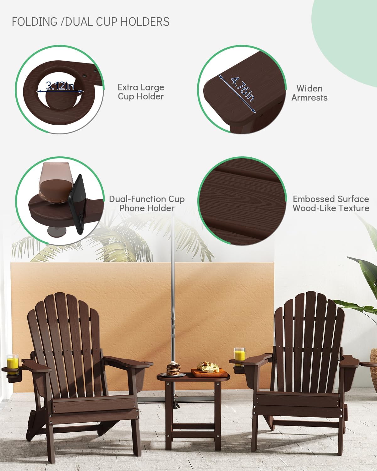Plawdlik Outdoor HDPE Folding Adirondack Chair Set of 4, High Back Wide Seat Patio Chair with Cup Holders, All-Weather Fire Pit Chair for Garden,Lawn,Poolside, Coffee