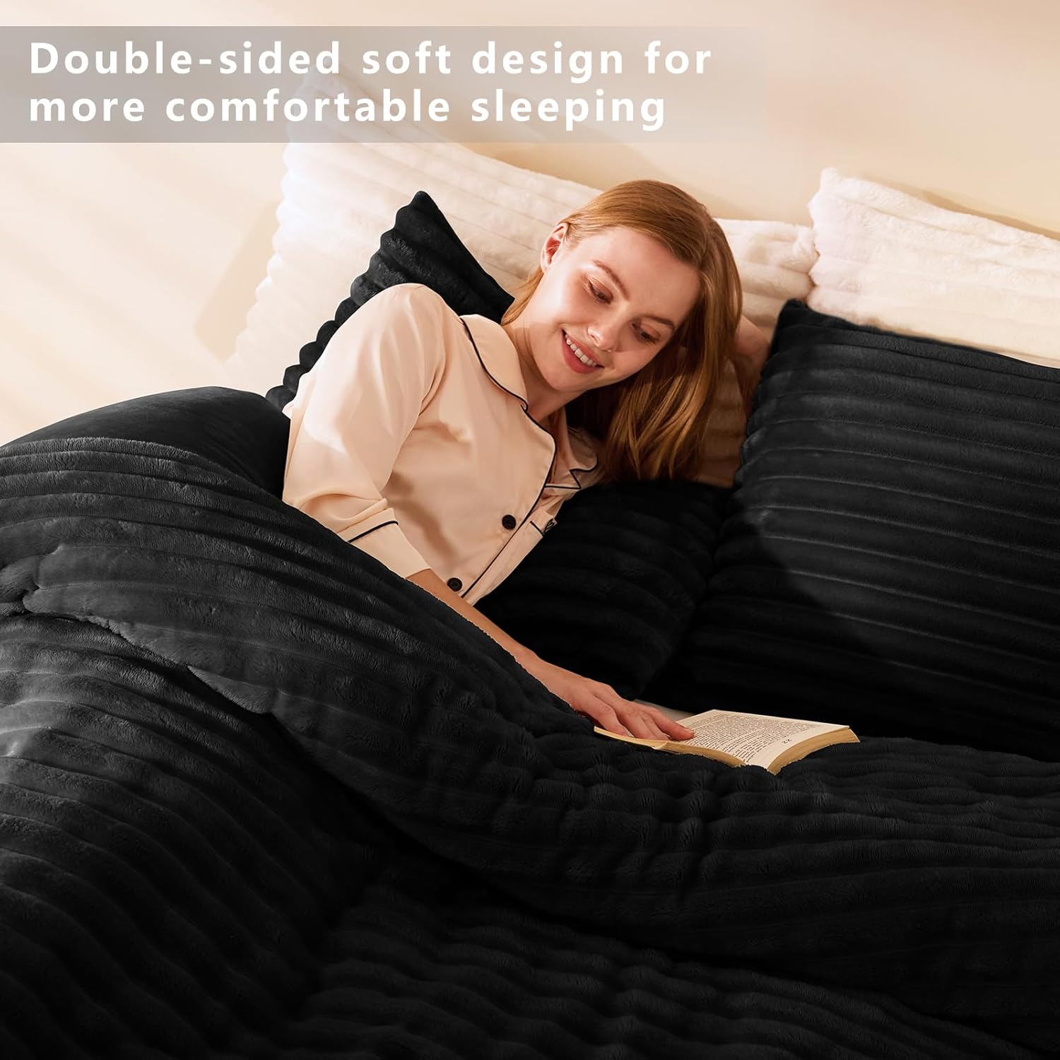 CozyLux Fluffy King Size Comforter Set - Super Soft Faux Fur Black Comforter King Size, Winter Warm Fleece Bedding Set, 3 Pieces Plush Fuzzy Bed Set (1 Shaggy Comforter, 2 Pillowcases) - Image 7