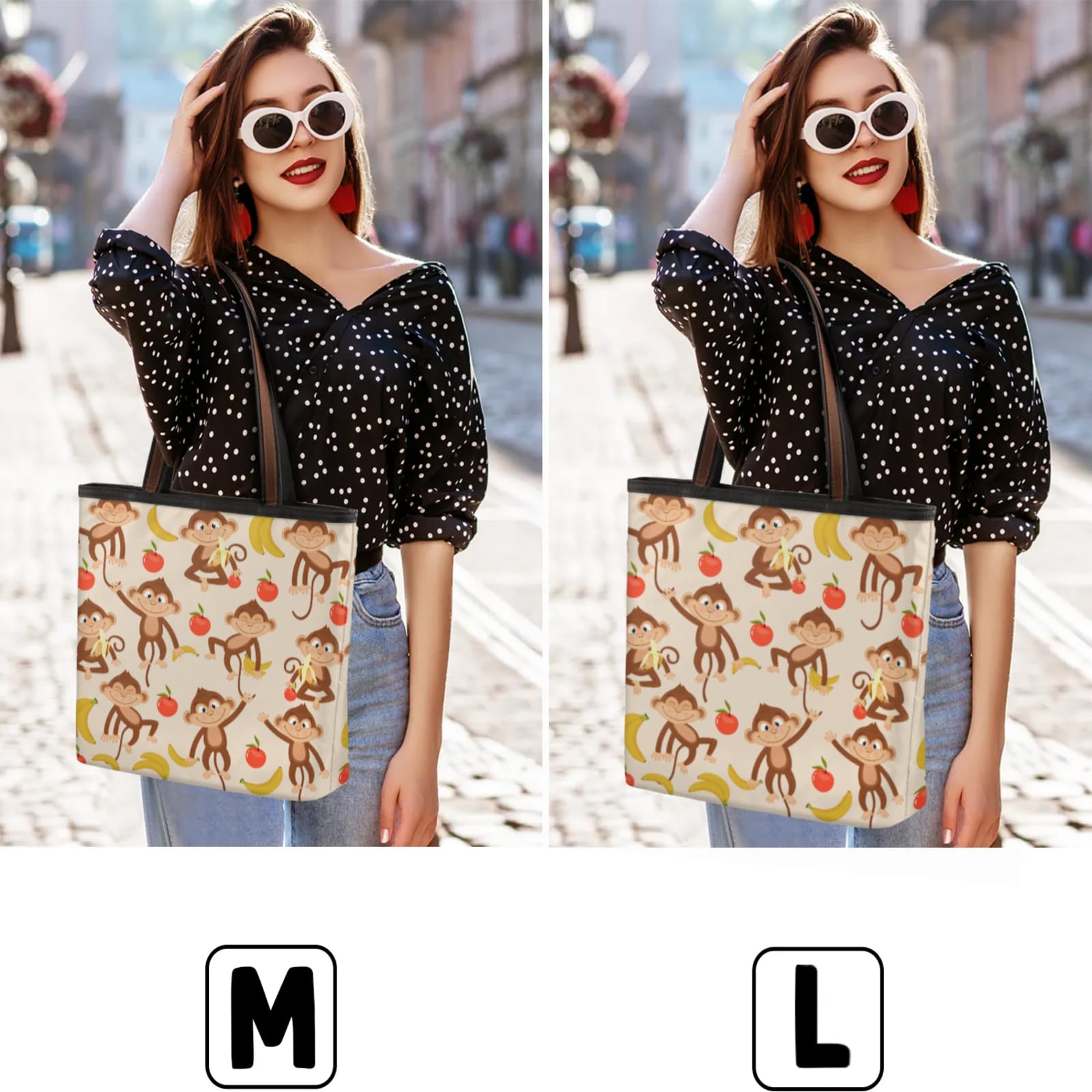 Monkey Apples Bananas Tote Bag Multi Pocket Zippered Beach Bag Lightweight Waterproof Handbag for Women Men Work Gym Travel Swimming Yoga Grocery Shopping M