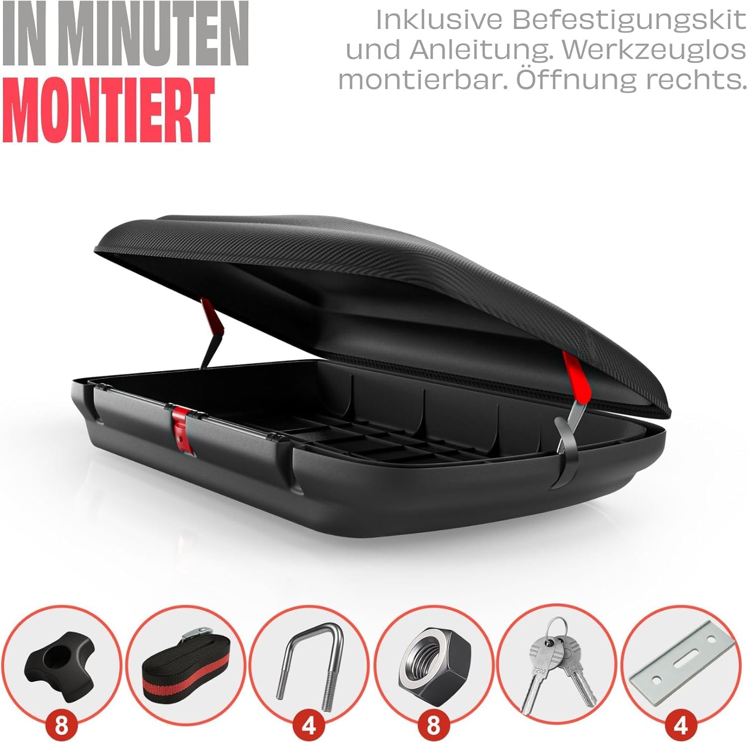 Dachbox VDPBA320 320Ltr im carbonlook abschließbar + Alu Dachträger RB003 kompatibel mit Kia Sportage (5Türer) ab 2016