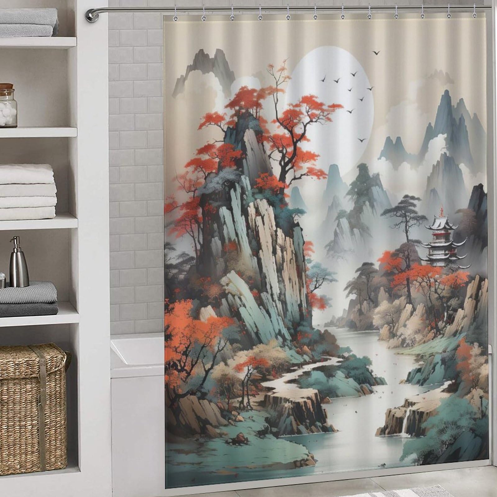 Rideau de douche tissu polyester imperméable et facile à nettoyer décor paysage 66x72Inch