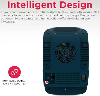 Frigidaire Mini Portable Compact Personal Cooler Fridge, 4 Liter Capacity Chills Six 12 oz Cans, 100% Freon-Free & Eco Friendly, Includes Plugs for Home Outlet - AZURE, BUILT IN BLUETOOTH SPEAKER