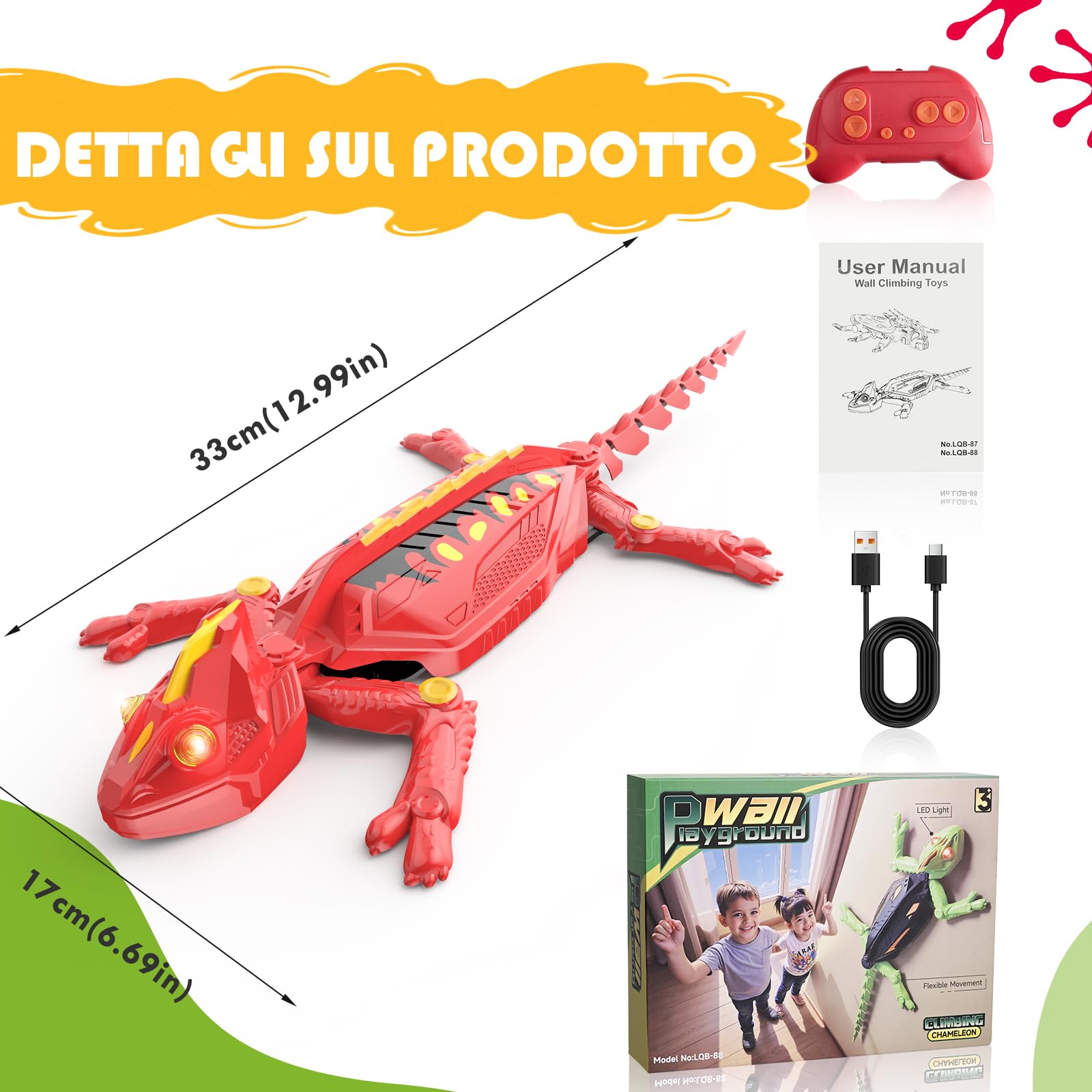 Weinsamkeit Geco Telecomandato 360° con Luce – Lucertola Telecomandata Ricaricabile con Movimenti Realistici per Bambini 3-12 Anni, Perfetto per Ragazzi, Giocattolo d'Azione che Scivola su Pareti