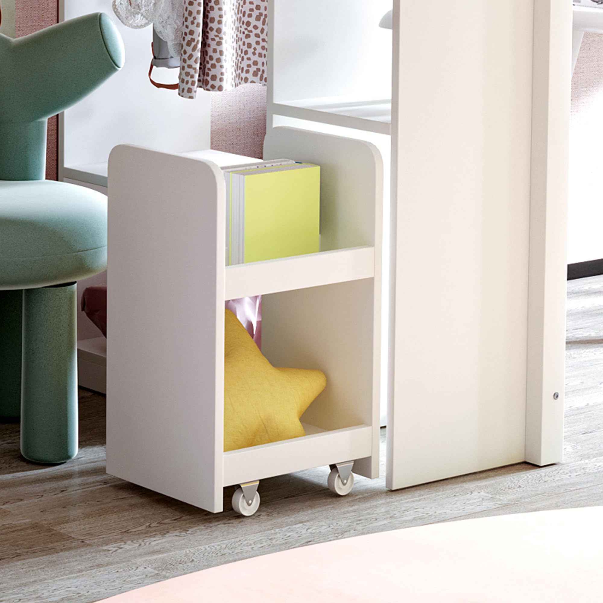 Azkoeesy Cama Individual Alta 90x200 cm, con 3 Grandes estantes de Libros, Perchero, Carro, somier y barandilla, para Adolescentes y Adultos, Madera de Pino, Color Blanco