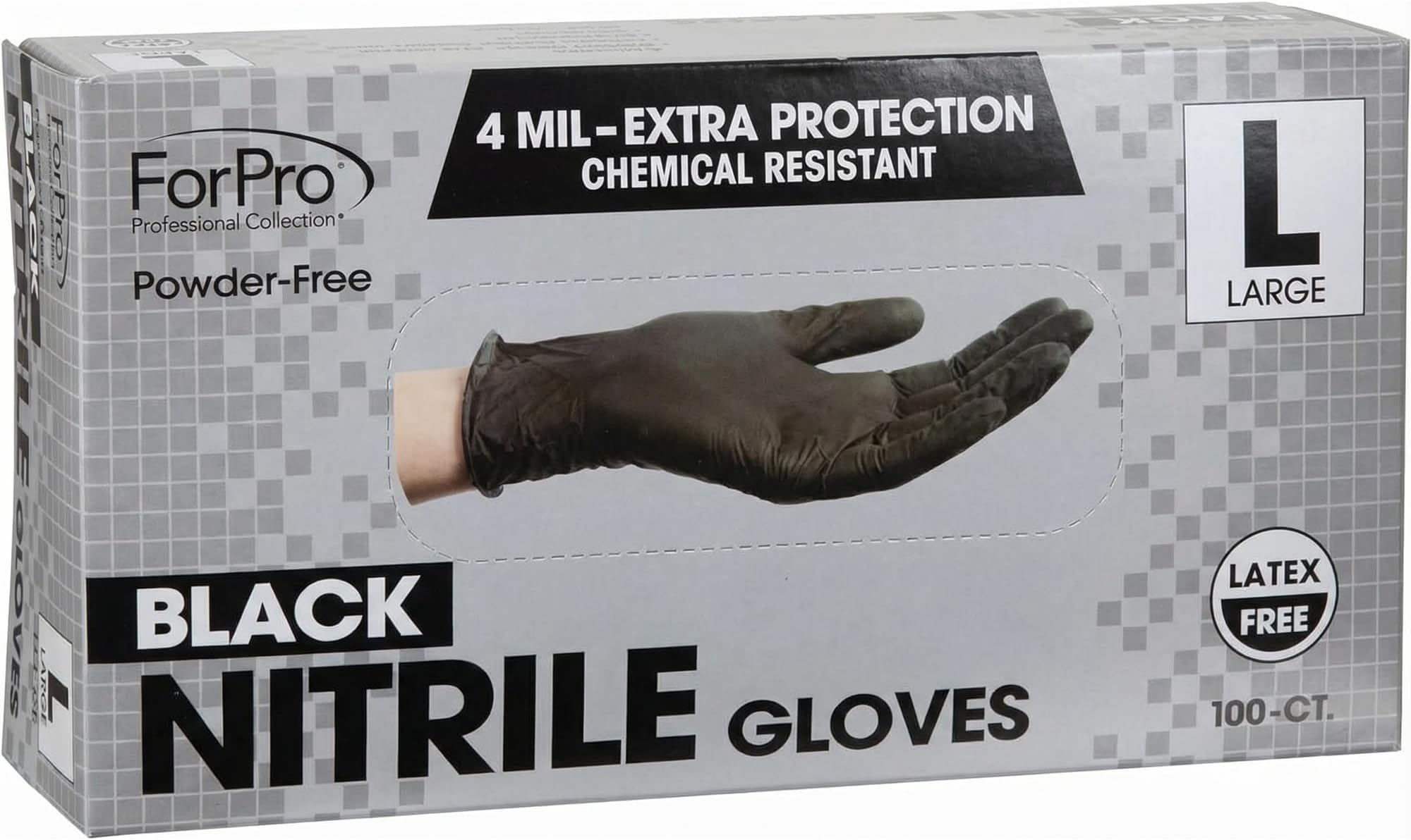 ForPro Disposable Nitrile Gloves, Chemical Resistant, Powder-Free, Latex-Free, Non-Sterile, Food Safe, 4 Mil, Black, Large, 100-Count