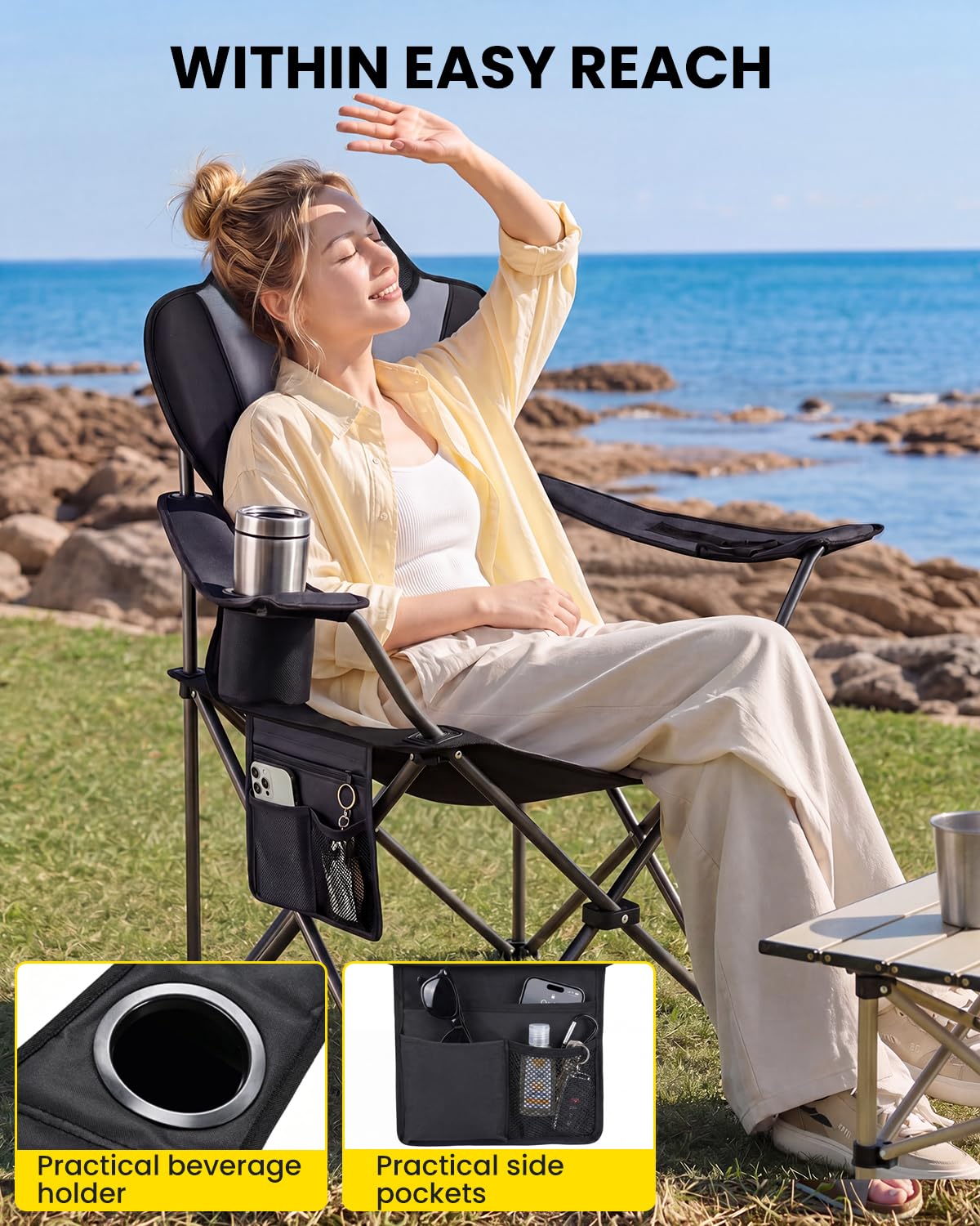 YEAUPE PRO Campingstuhl Faltbar Bequem Gepolster, 150 KG Belastbar | Camping Stuhl mit Hochlehner & Breiter Sitz | Multifunktional Angelstuhl, Karpfenstuhl, Klappstuhl für Camping Strand Festivals