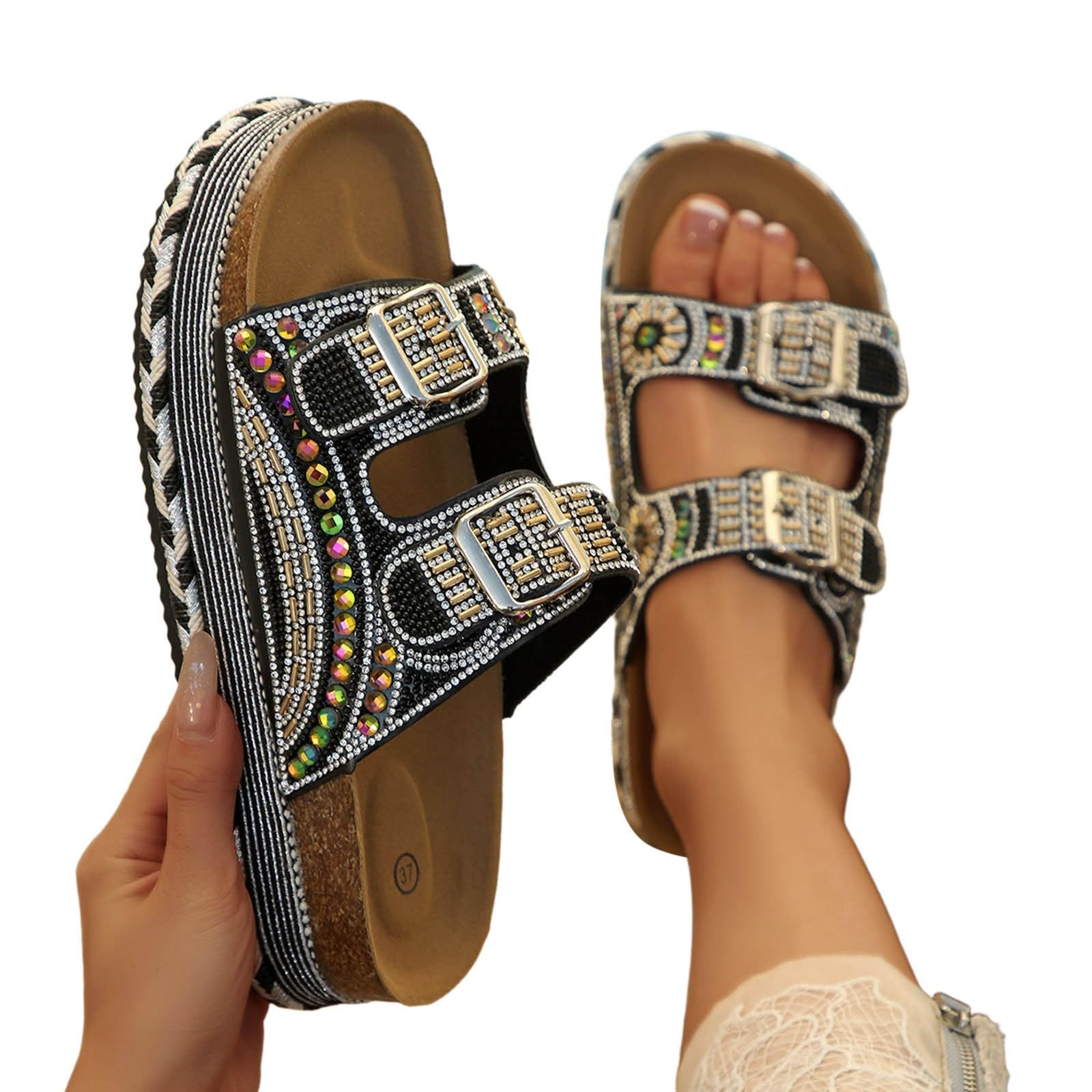 2027 Mules - Zuecos Brillantes para Mujer, Sandalias Coloridas con Plataforma de Diamantes de imitación, Zapatos de Playa cómodos