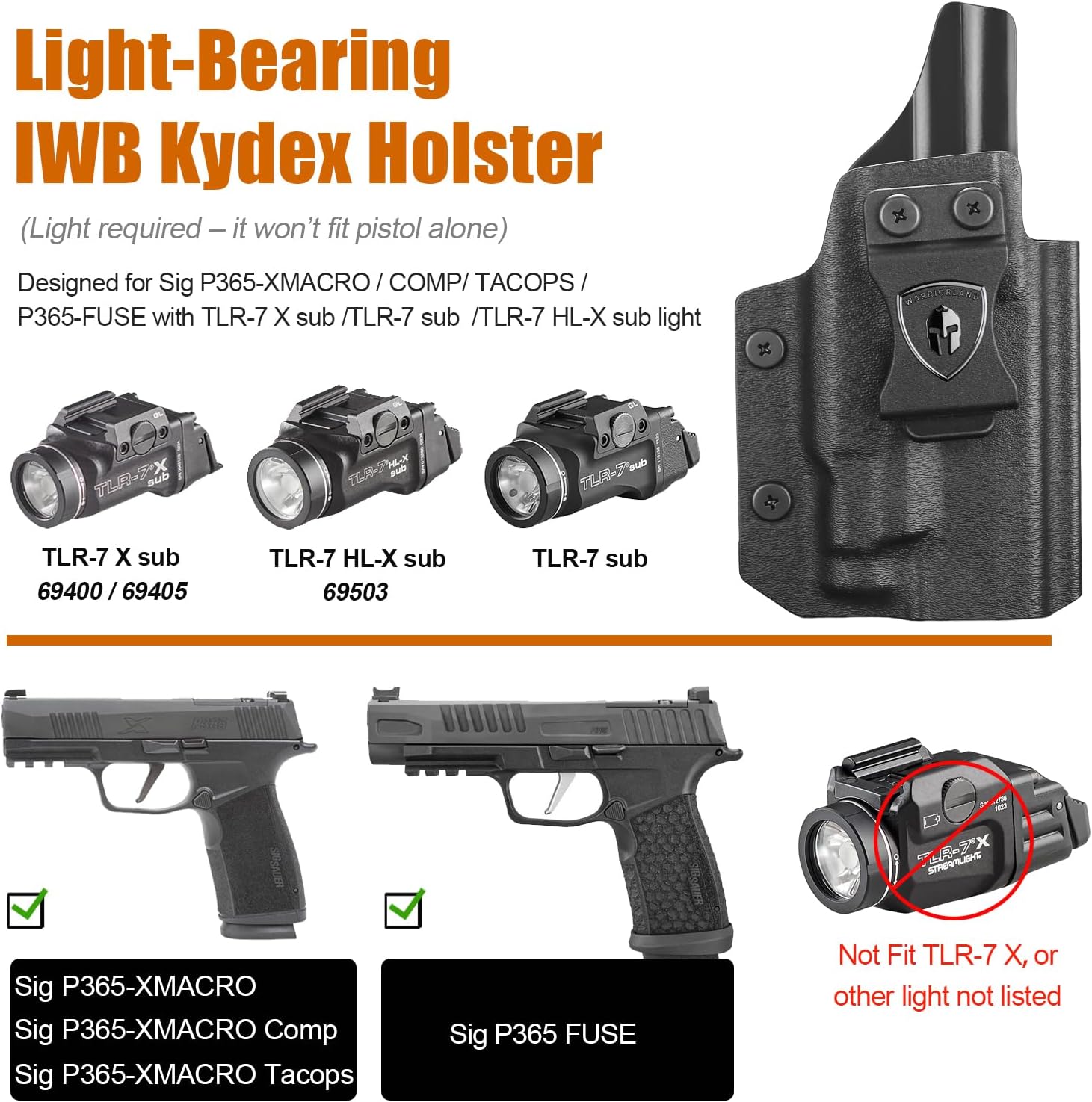 WARRIORLAND Light-Bearing IWB Kydex Holster, Fits Sig P365-XMACRO / P365-FUSE with TLR-7 X Sub/TLR-7 Sub/TLR-7 HL-X Sub – Optic Cut | Adj. Cant & Posi-Click Retention, Right Hand