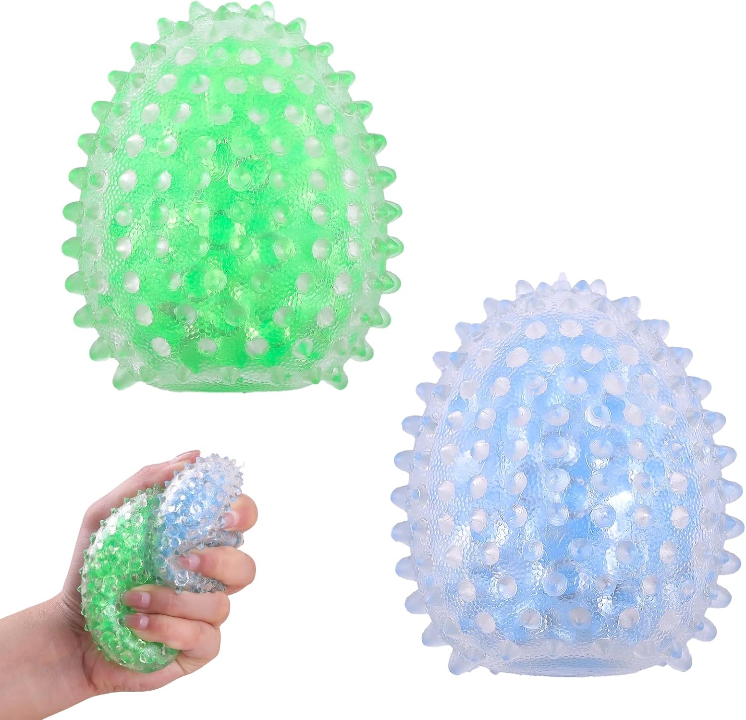 Anboor 2pcs Handmade Stress Balls, Hedgehogs Squeeze Ball Stress Relief Sensory Beads for Kids Adults, Noisy Squishies Ball for Party Favors (Blue & Green)