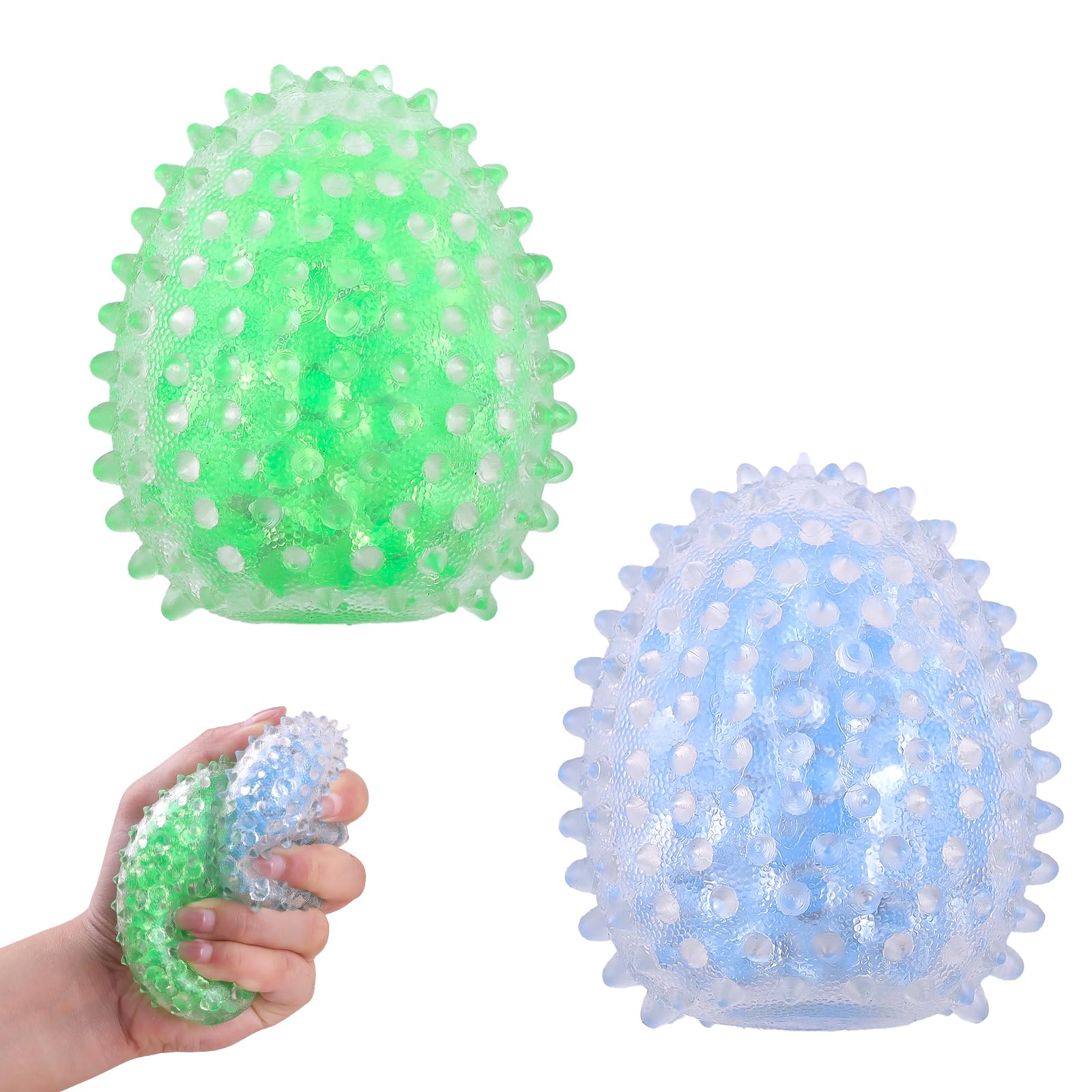 Anboor 2pcs Handmade Stress Balls, Hedgehogs Squeeze Ball Stress Relief Sensory Beads for Kids Adults, Noisy Squishies Ball for Party Favors (Blue & Green)