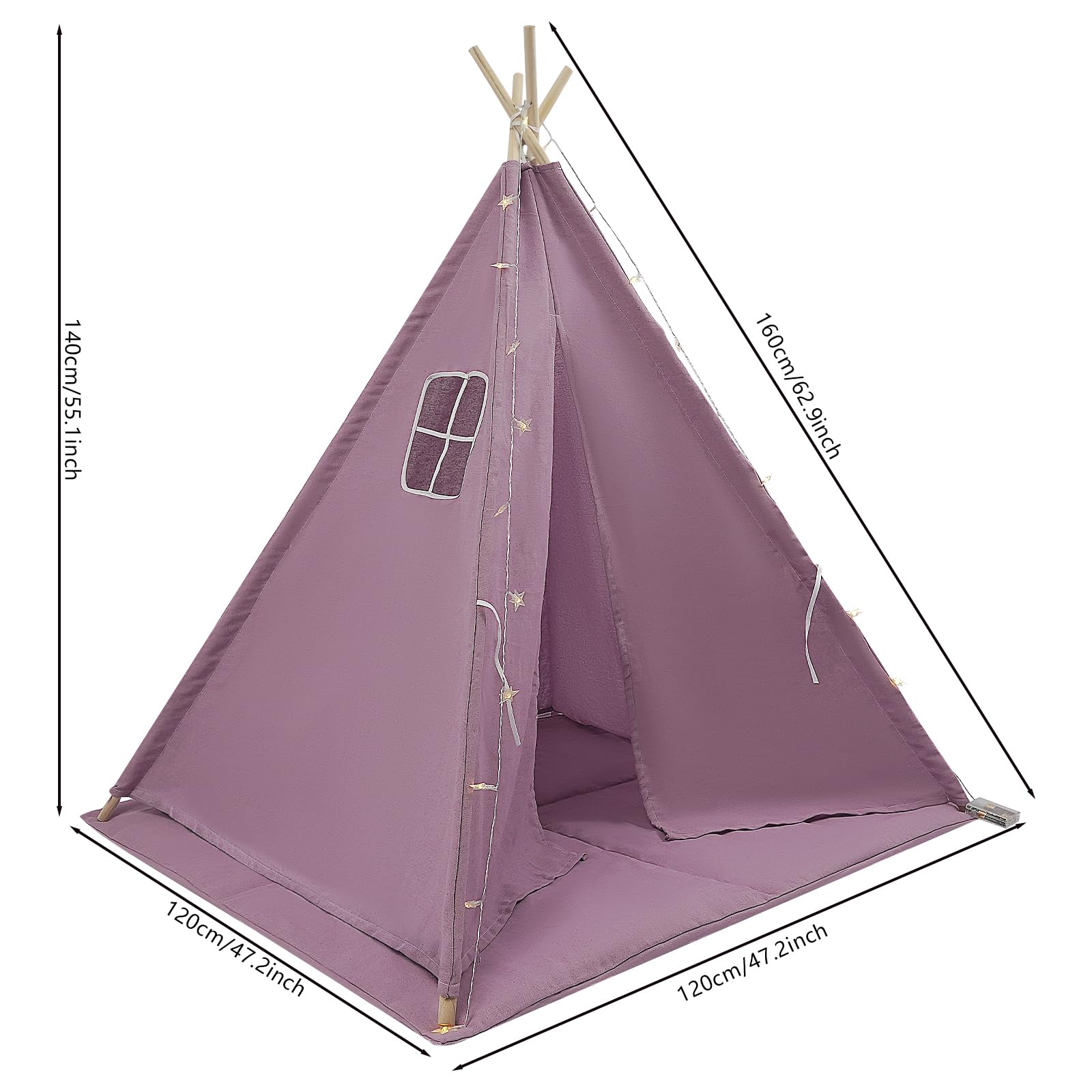 Tenda per Bambini 120x120x140cm con Luce, Tipi per Ragazza 1,6m in Cotone Lino per Camera, Giardino, Spiaggia, Casetta da Gioco per Interno ed Esterno con Tappeto, Ghirlanda 3m