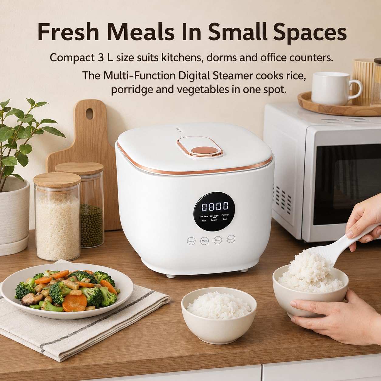 Cuociriso a basso contenuto di zuccheri, 3 L, 5 modalità, timer 24 ore